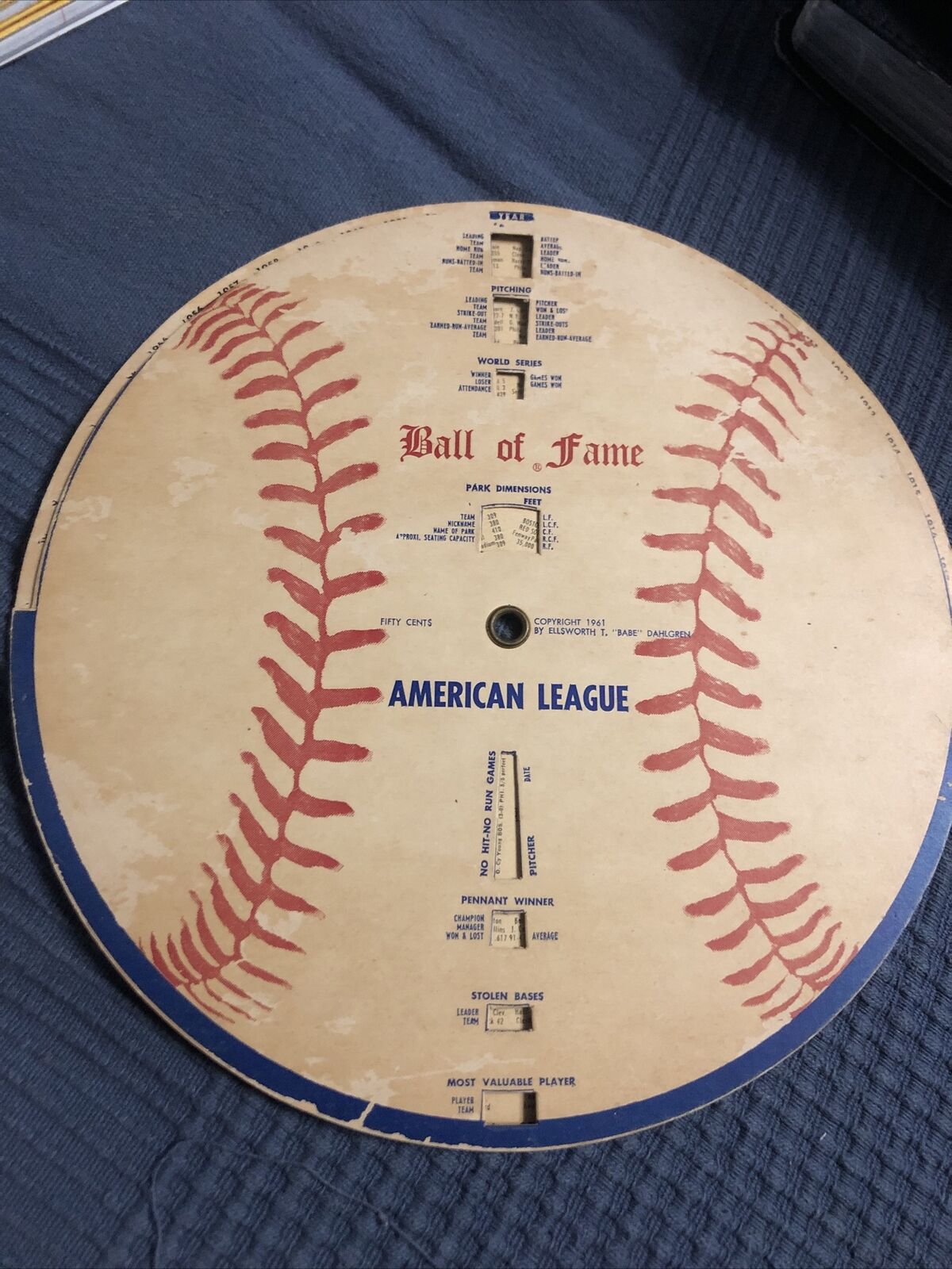 Vintage 1961 Dahl-Ball Baseball Rotating Stats AL  NL Babe Dahlgren ball of fame