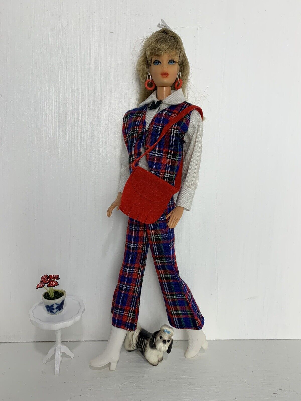 Vintage Barbie Mod 1970s Plaid 2 Pc Outfit With Mod Safe Earrings/Fringe Purse
