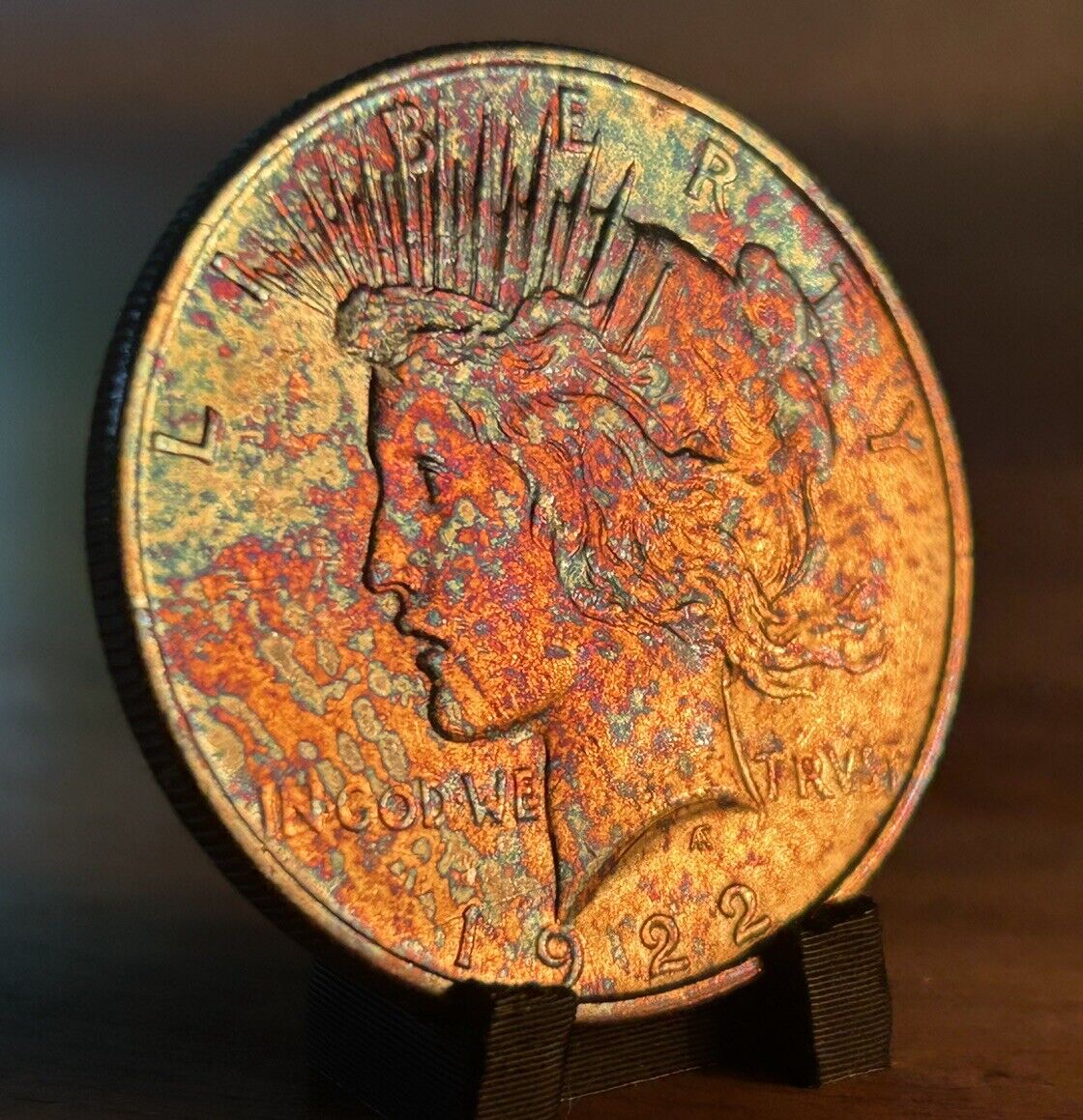1922 Gorgeous Silver Peace Dollar BU+ 💎 Luster 🌈 Gold Indigo Violet Toning 57D