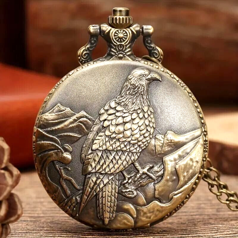 Vintage Bronze 3D Eagle  Quartz Pocket Watch Unisex Necklace Pendant Gift New