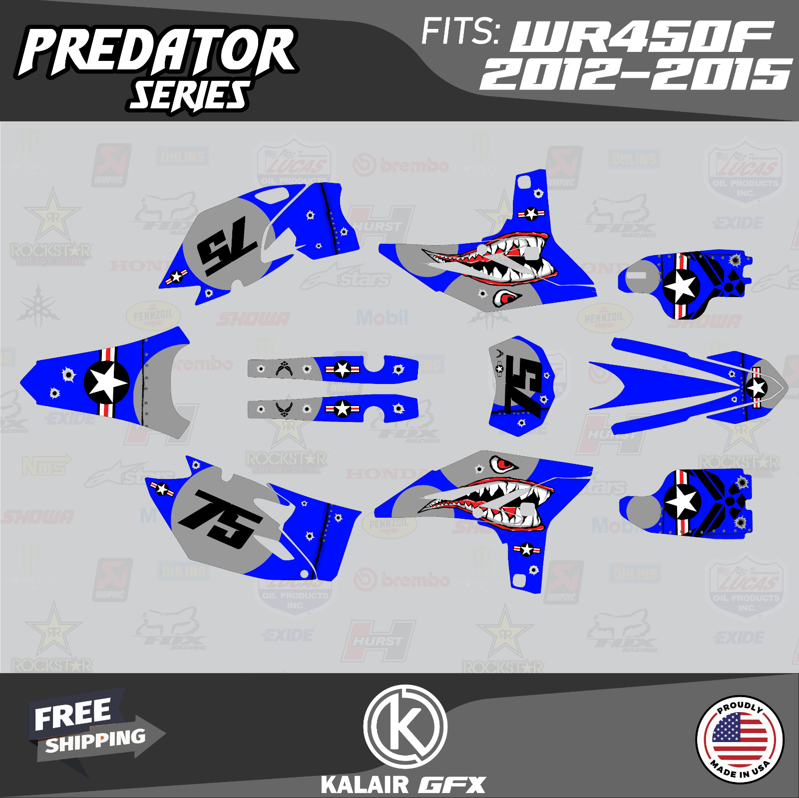 Graphics Kit for Yamaha WR450F 2012 2013 2014 2015 Predator Series - Blue