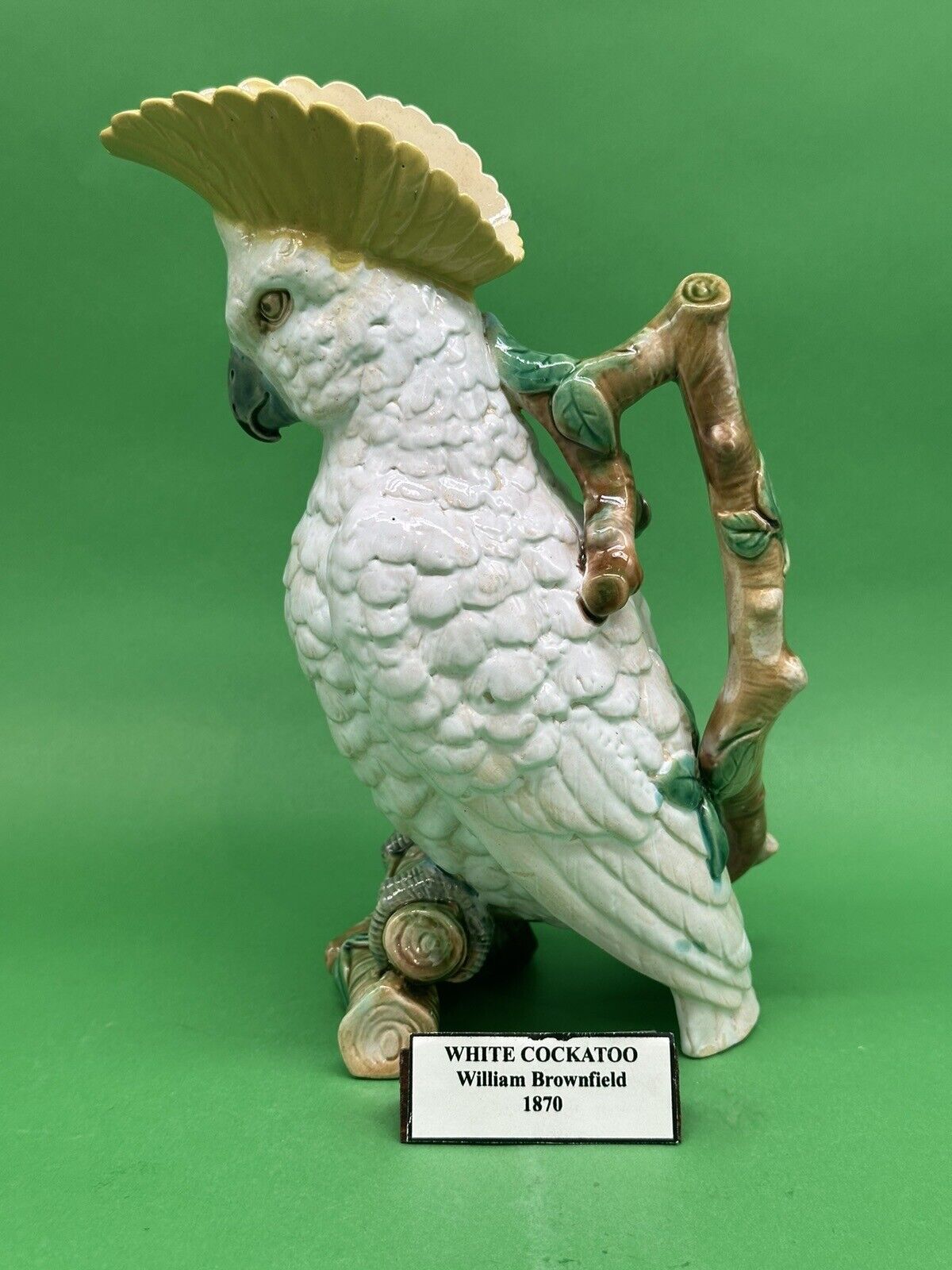 William Brownfield English Majolica White Cockatoo Pitcher c.1870, 9.5\