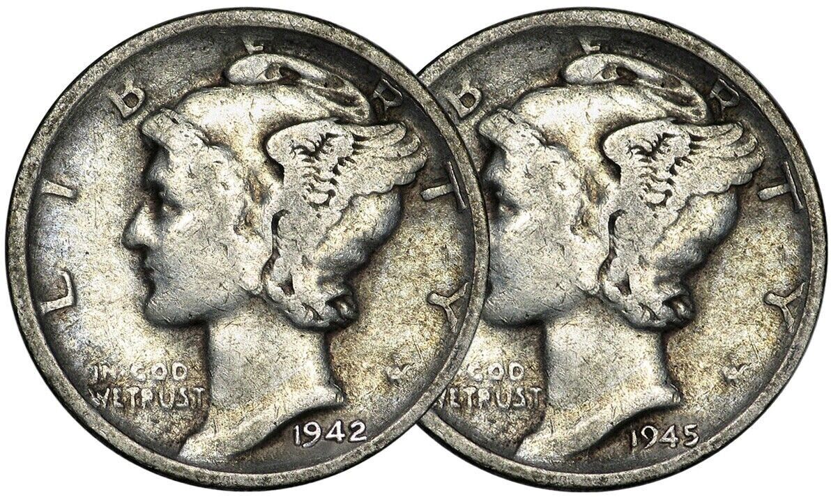 1942 P & 1945 S Mercury Silver Dime F 90% Silver 10c Fine - 2 Coin Set