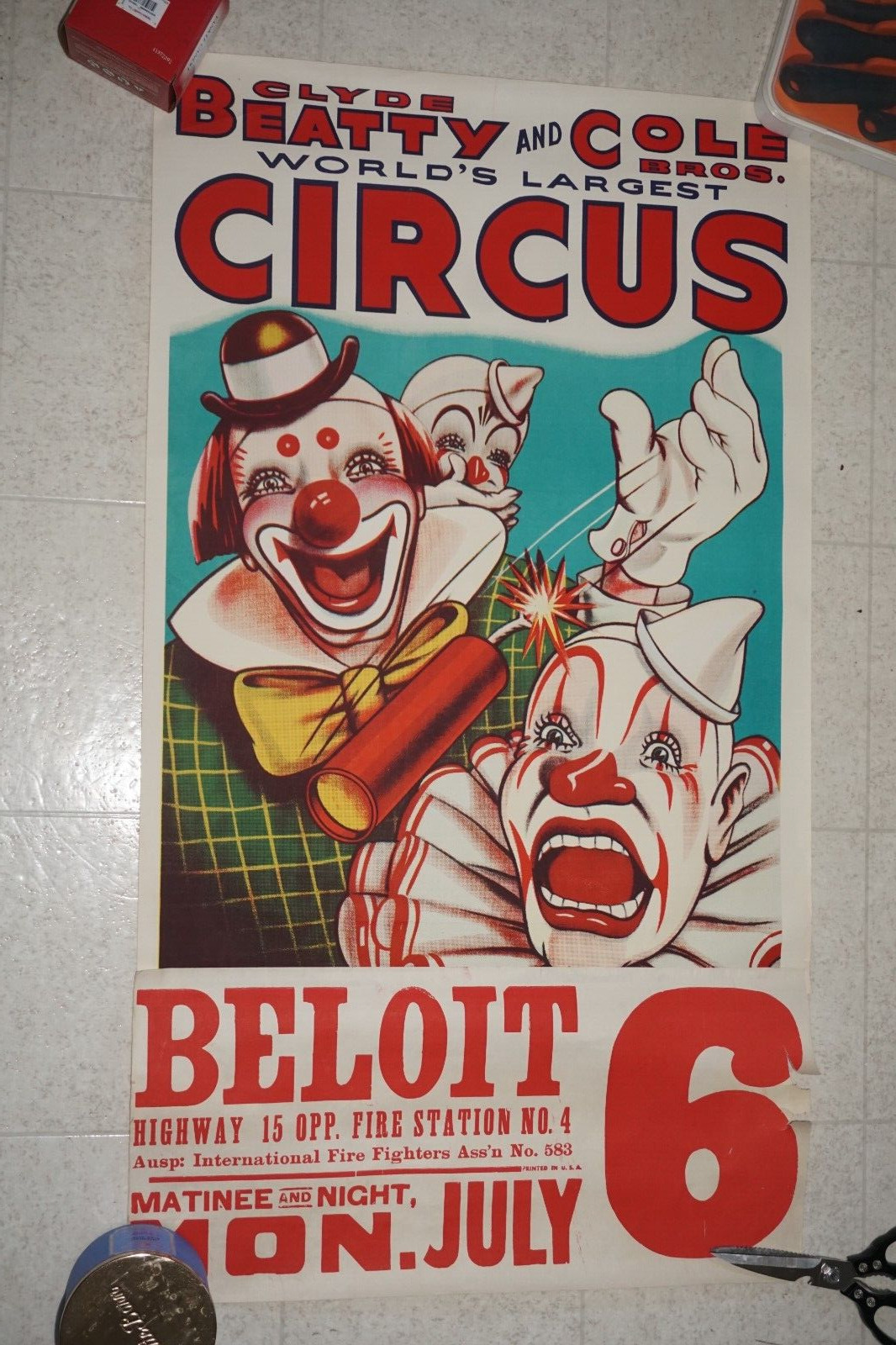 CLYDE BEATTY COLE BROS CIRCUS 37X20 CIRCUS POSTER 1960S ART CLOWN PULLING Prank