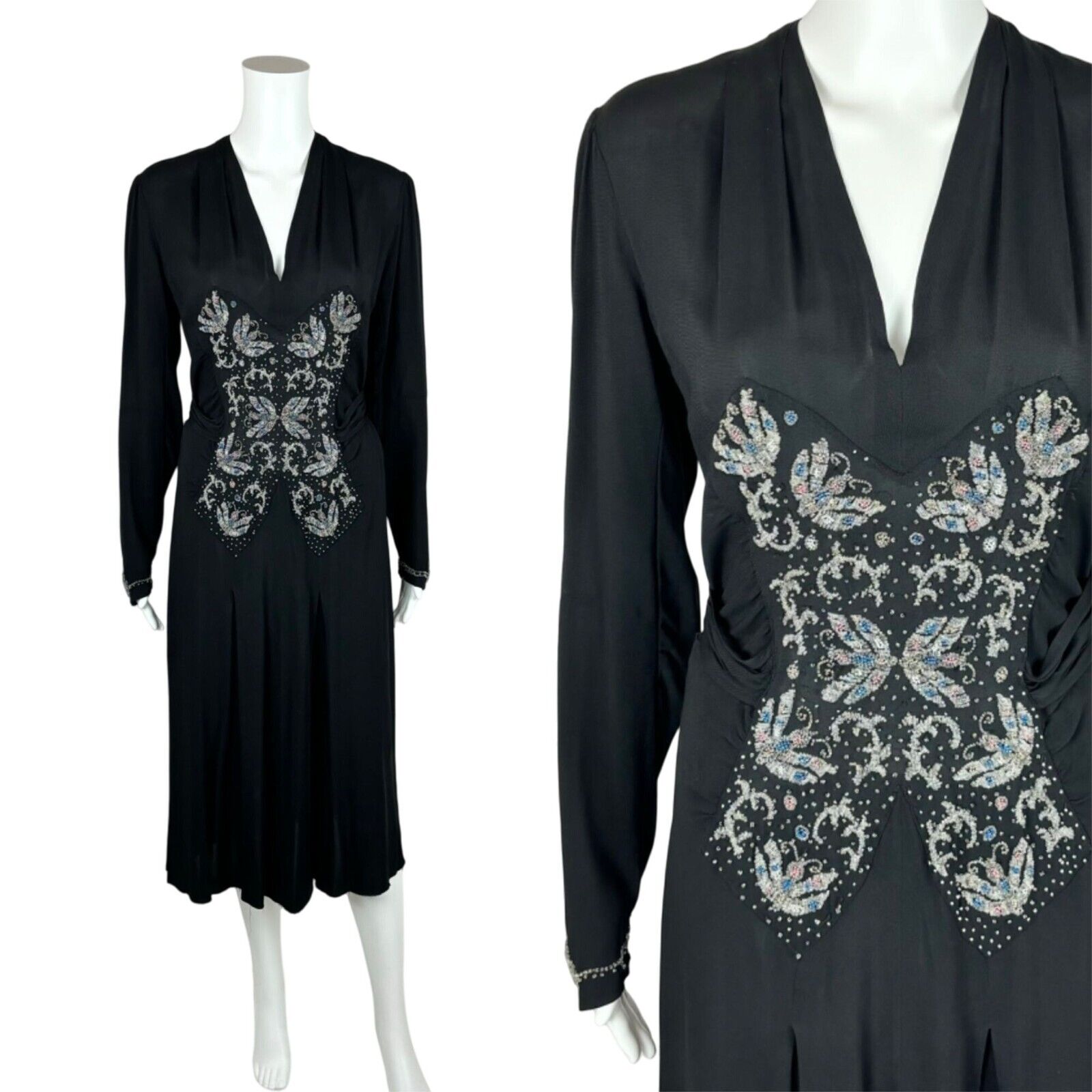 Vintage 30s Beaded Dress Women\'s Medium 40s Black Butterflies Evening