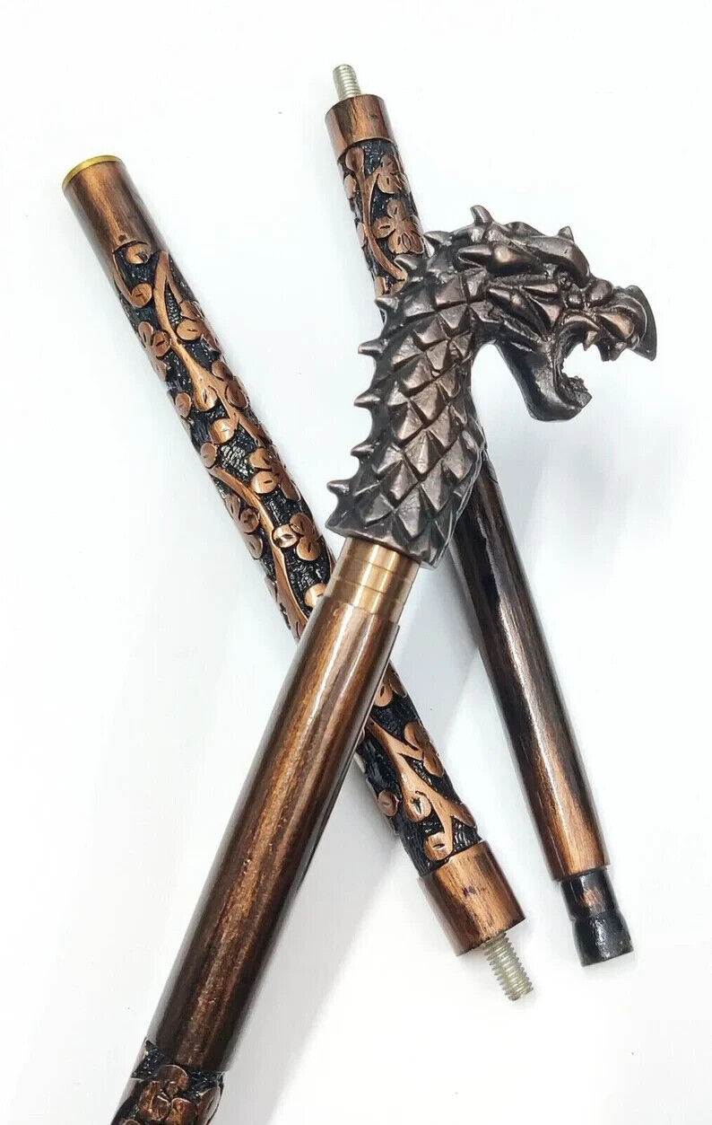 Men Unique Dragon Handle Hand Carved Cane for Women Old People Gift Collectible
