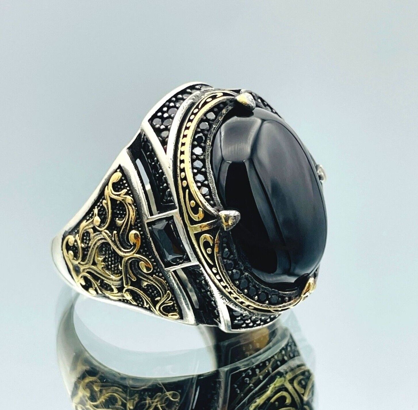 Men Natural Black Onyx Stone Turkish Handmade Gift Him 925 Sterling Silver Ring