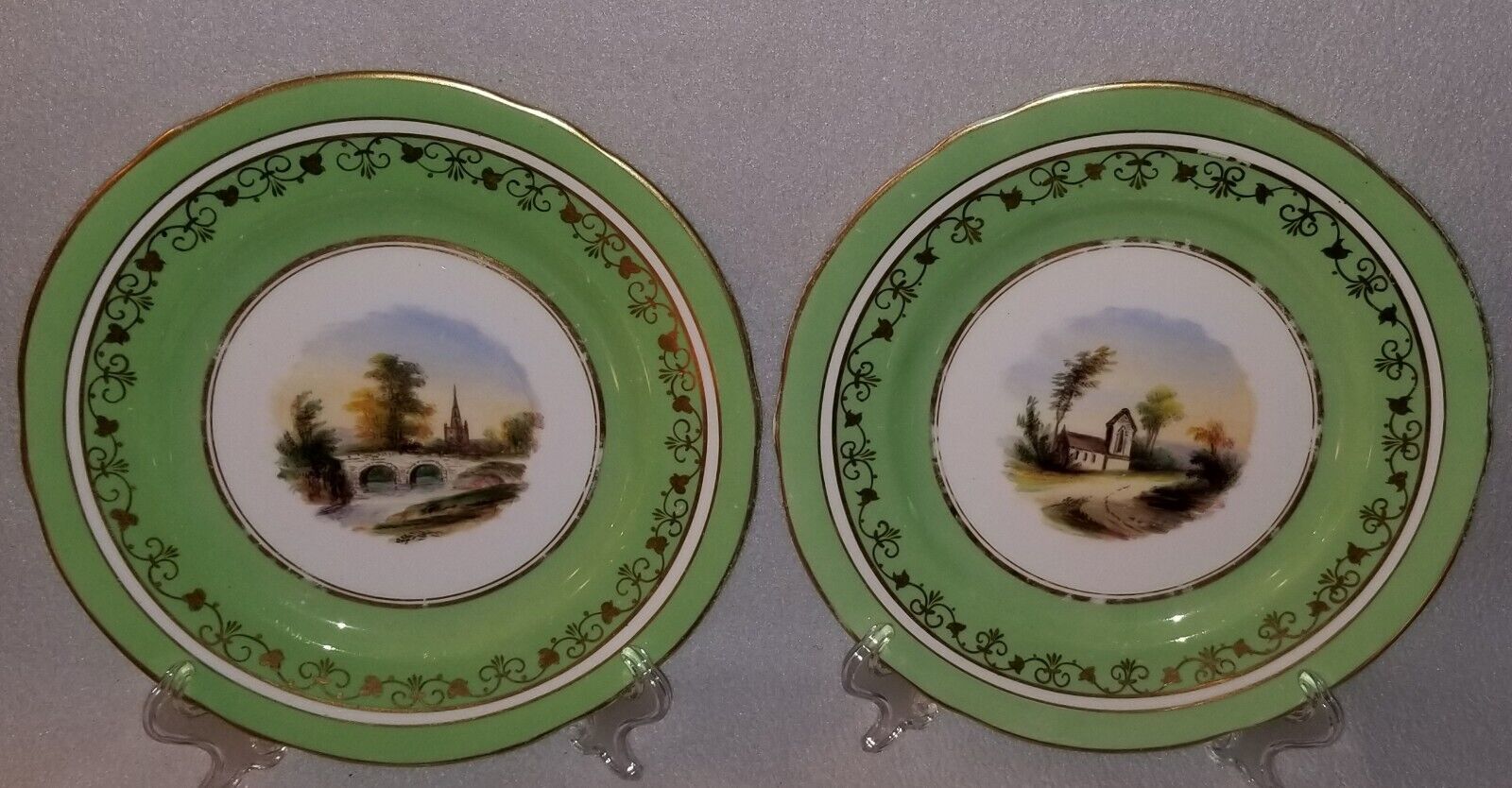 Pair Early 19th C. English Porcelain Plates Apple Green Hand Painted Scenic 9\