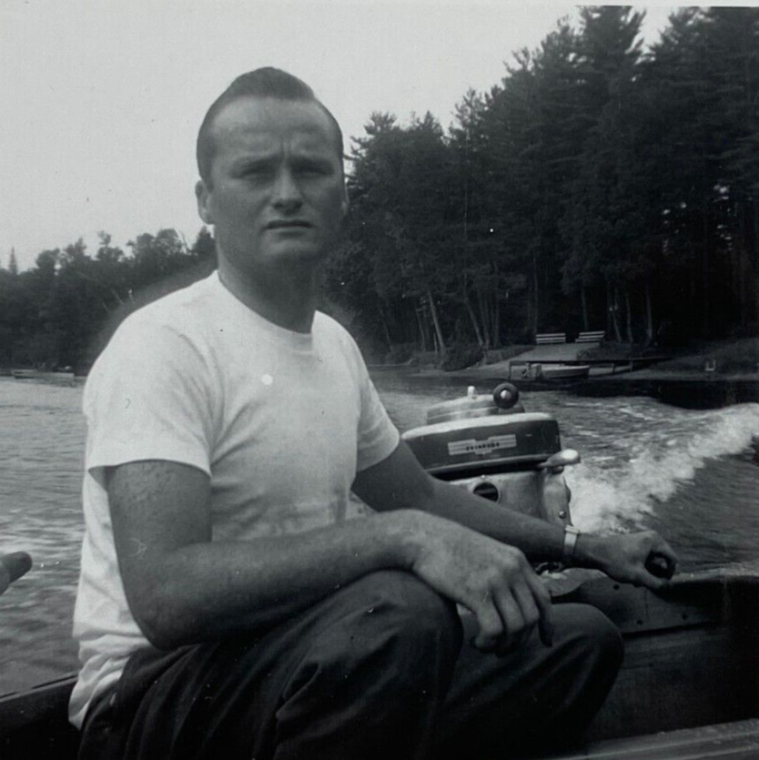 Handsome Man In Boat Hand On Motor Lake Shore B&W Photograph 3.5 x 3.5