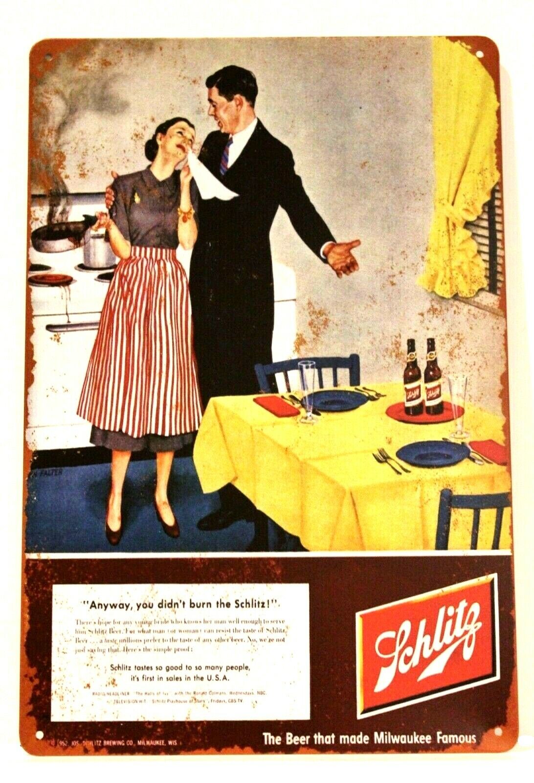 Schlitz Beer Tin Sign Poster Vintage Style Wife Burns Dinner Ad Man Cave Bar XZ