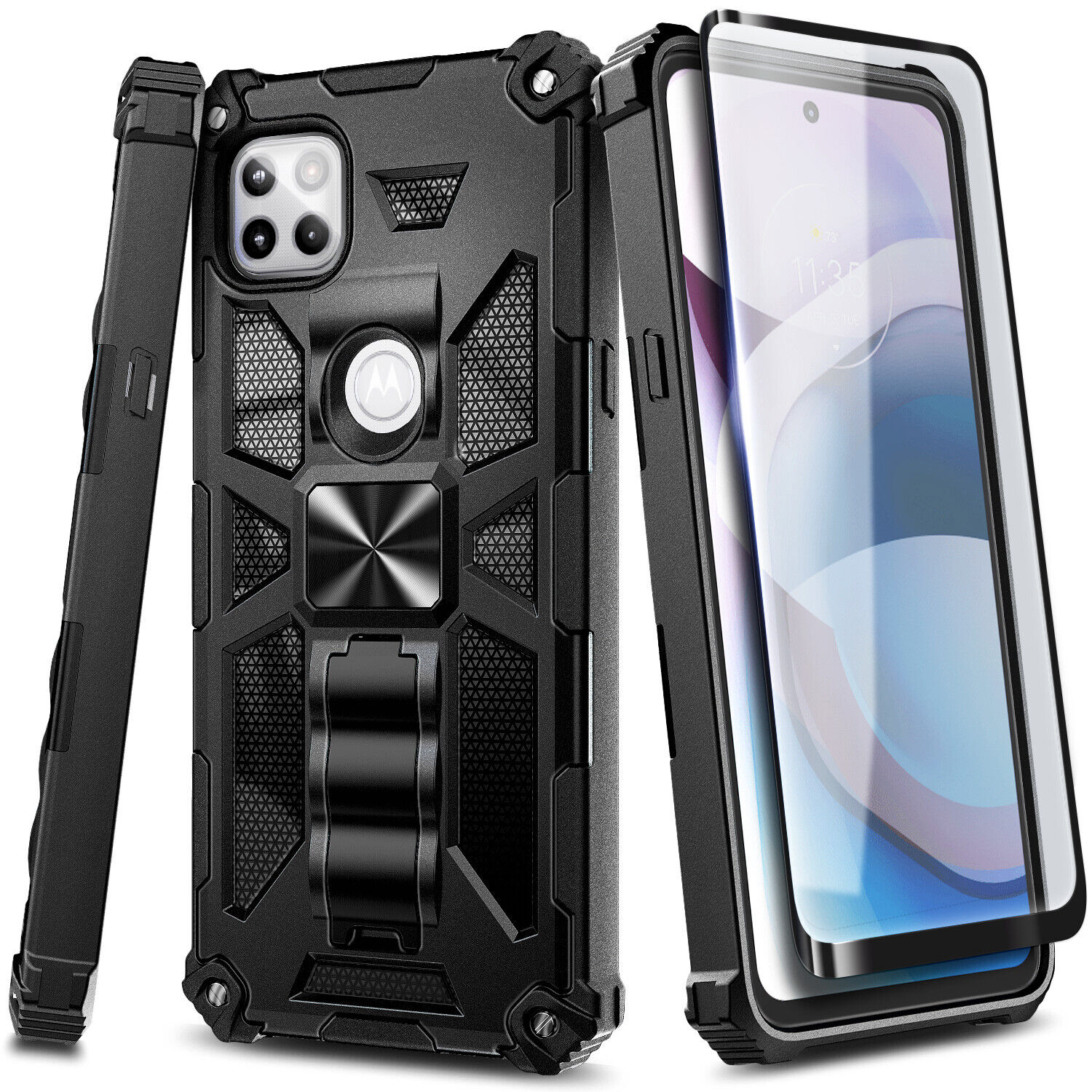 For Motorola One 5G Ace /UW Case Full Body Armor Kickstand Cover +Tempered Glass