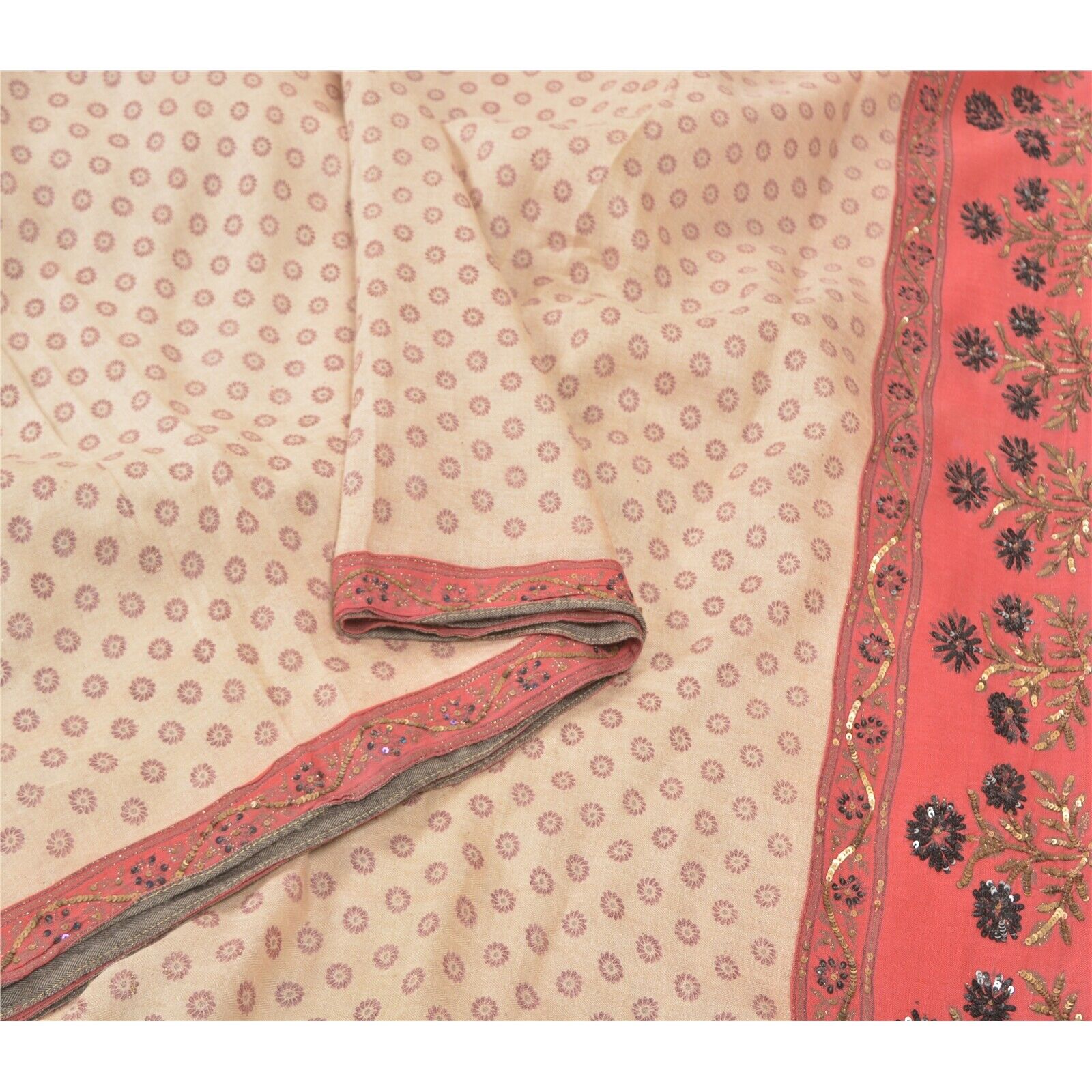 Sanskriti Vintage Cream Saree Printed Woolen Fabric Woven Floral 5 Yard Sari