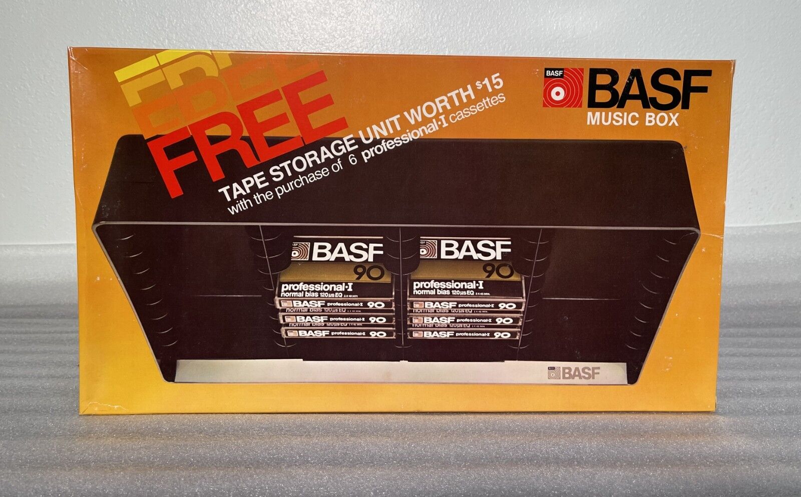 NOS BASF MUSIC BOX: 6 PROFESSIONAL I 90 MIN TYPE 1 CASSETTE TAPES + STORAGE UNIT