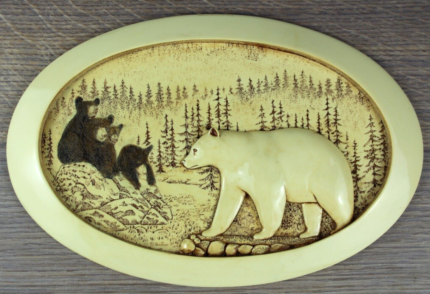 Pete Lange scrimshaw style resin carving bear & cubs, wooded landscape - Signed