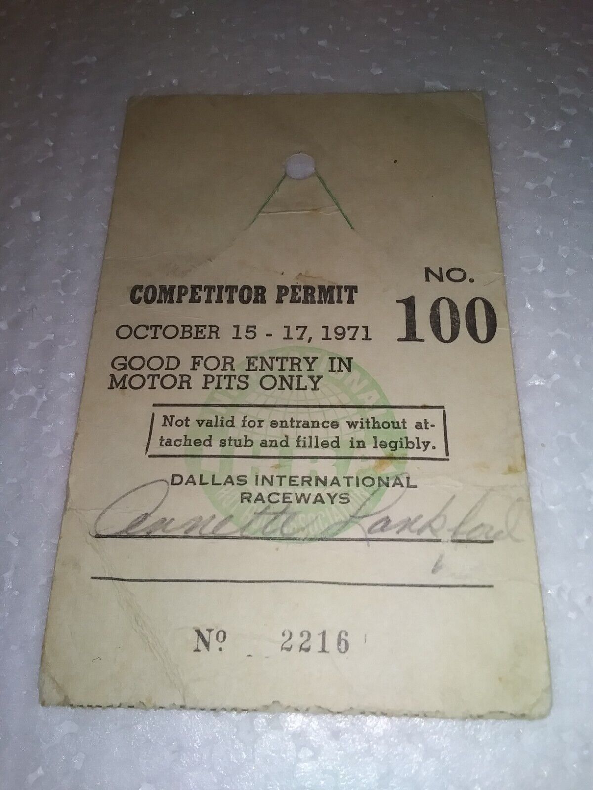 Vintage 1971 Dallas International Raceway Pits Ticket Signed By Annette Lankford