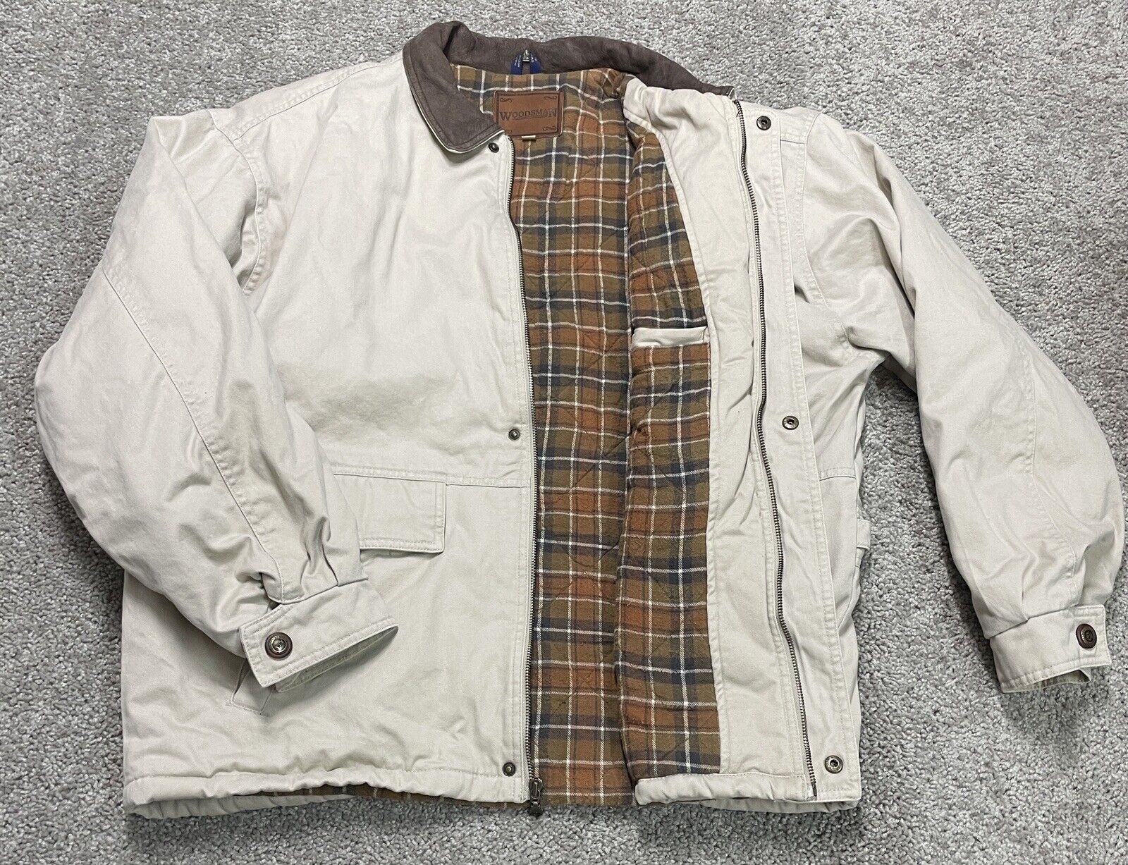 Vintage Woodsman Barn Jacket  Coat Mens XL BEIGE ZIP  FLEECE Lined Heavyweight