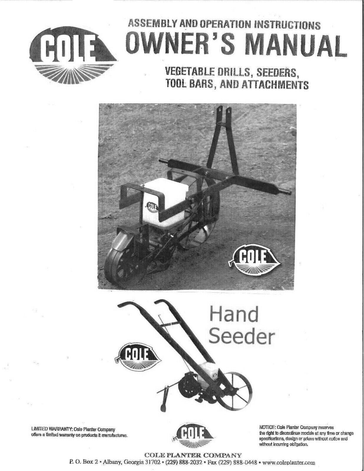 Owner Operator Maintenance Manual Fits Cole Garden Planter - Hand Seeder