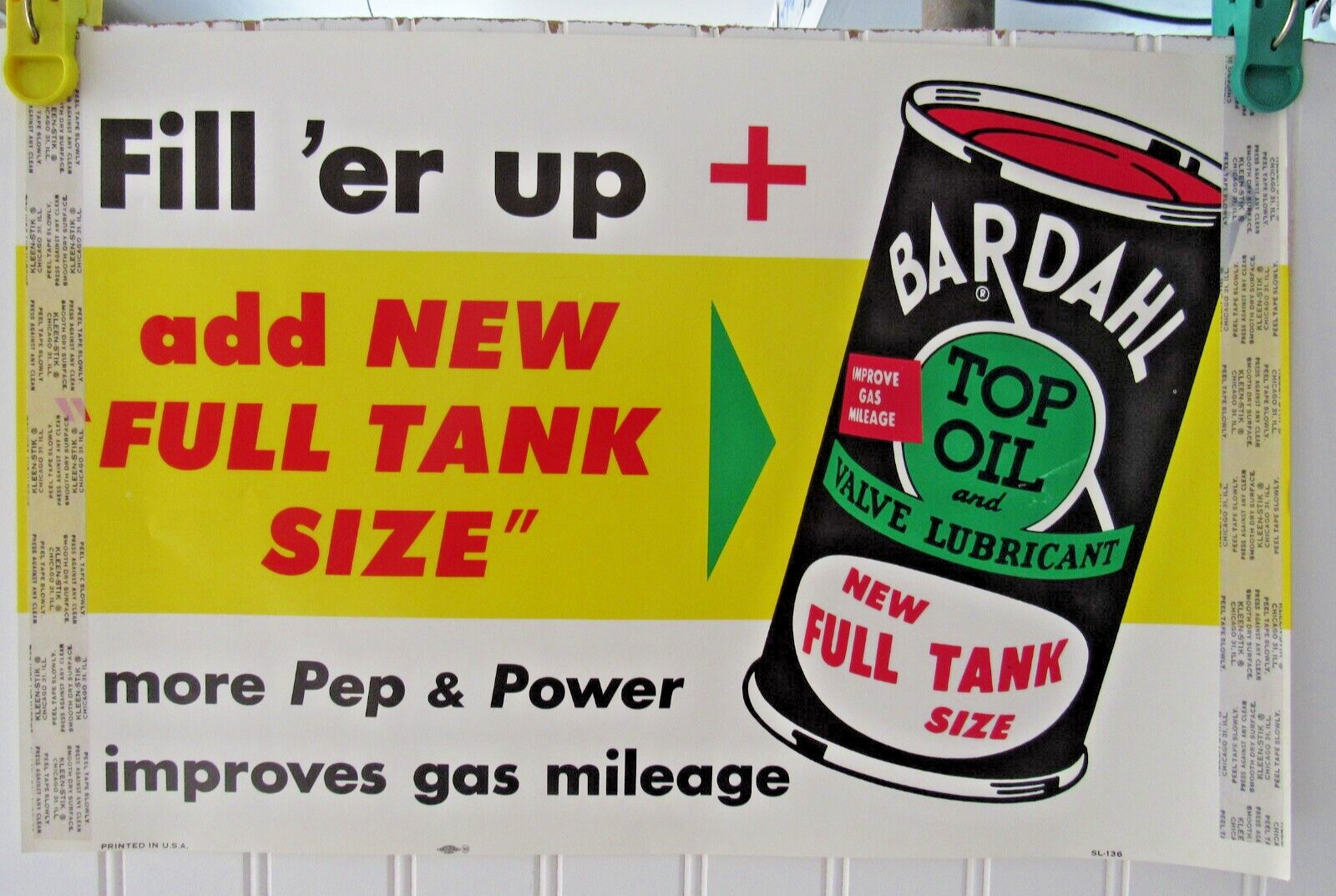 Vintage BARDAHL TOP OIL ADD NEW FULL TANK SIZE More Pep & Power Wall-Window Sign