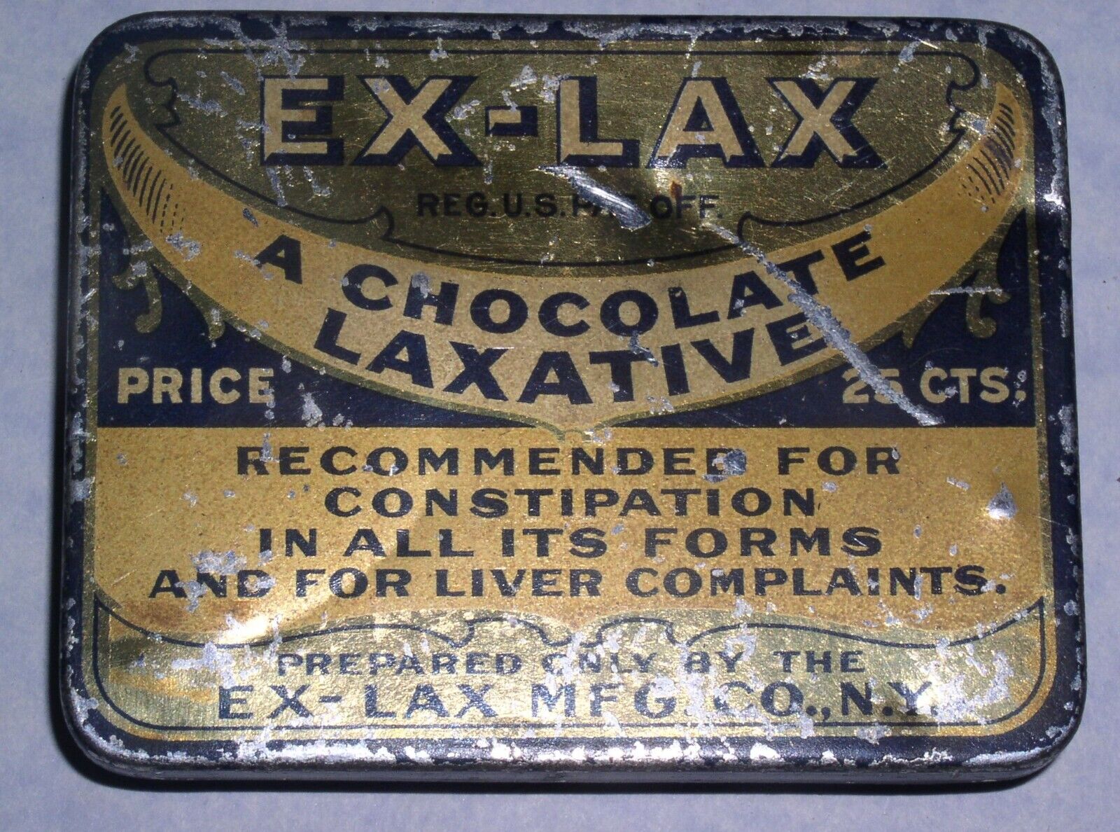 Ex-Lax-A Chocolate Laxative tin~Ex-Lax Mfg. Co.,NY~Antique Tin, Pat\'d 1906