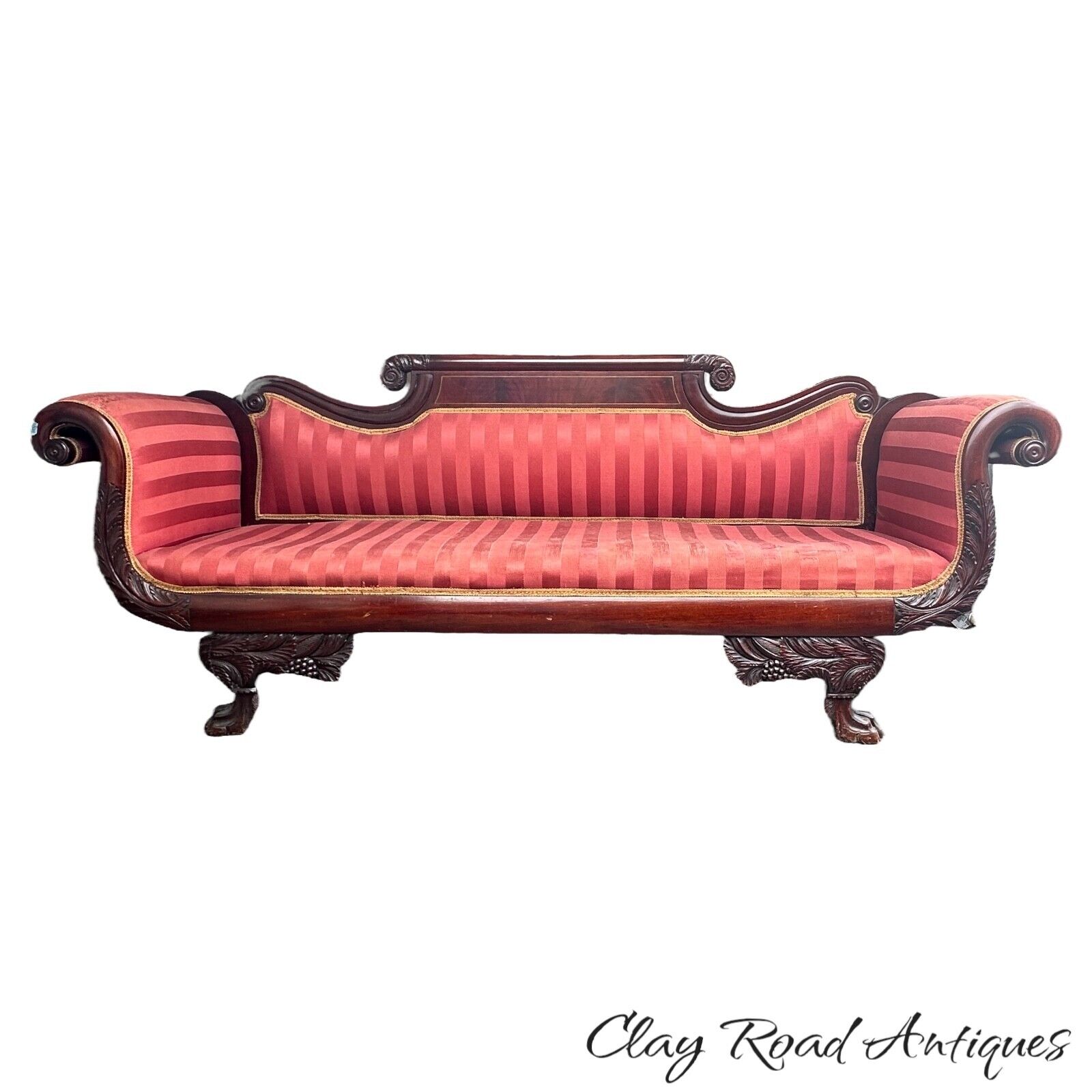 1800s antique  classical empire mahogany sofa carved acanthus paw foot project