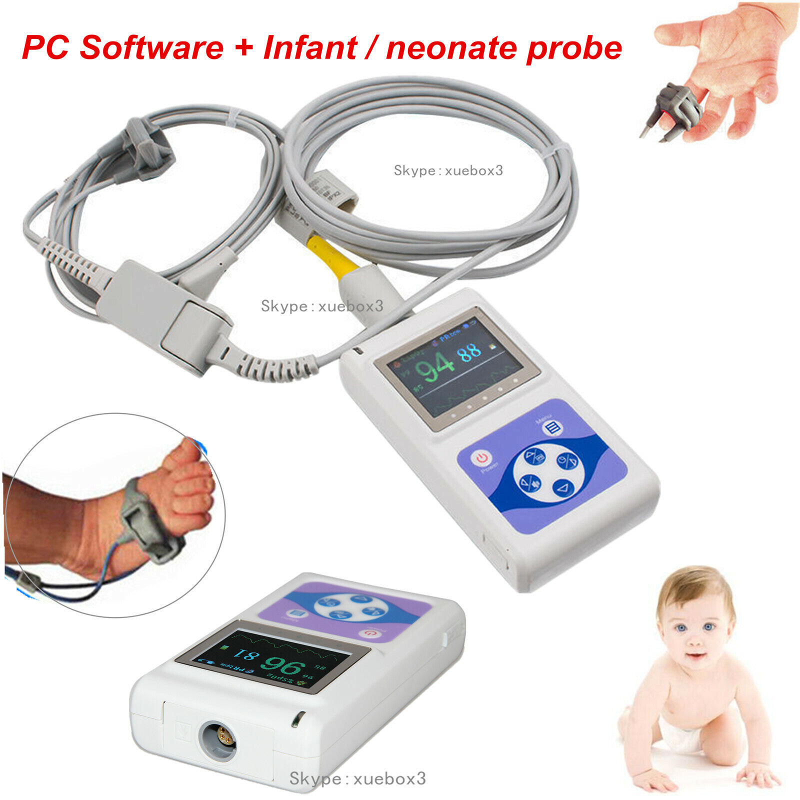 New Neonatal Infant pediatric Kids Born Pulse Oximeter Spo2 Monitor+PC software