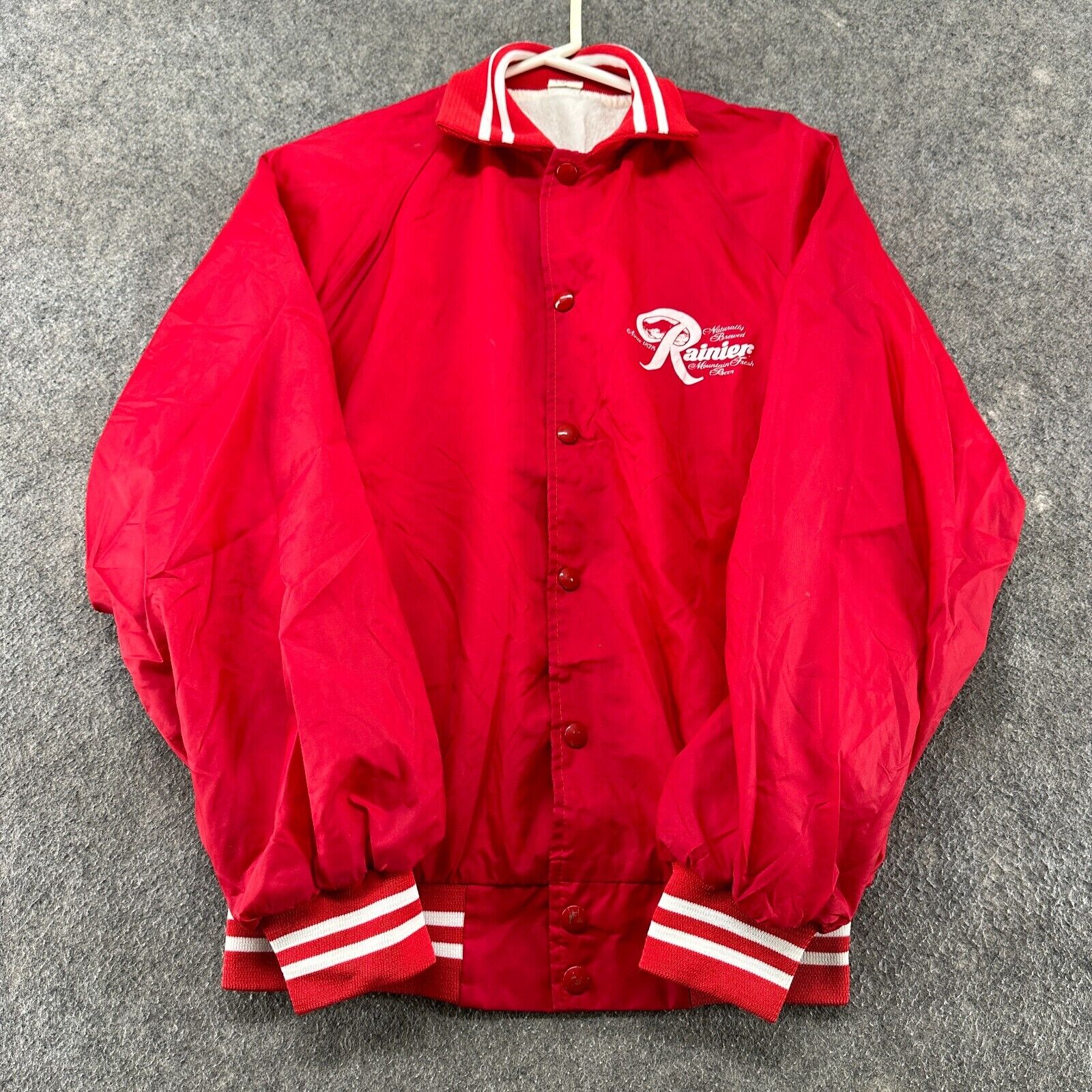 VINTAGE Rainier Beer Jacket Mens Small Red Coaches Lined Nylon USA Made 80s