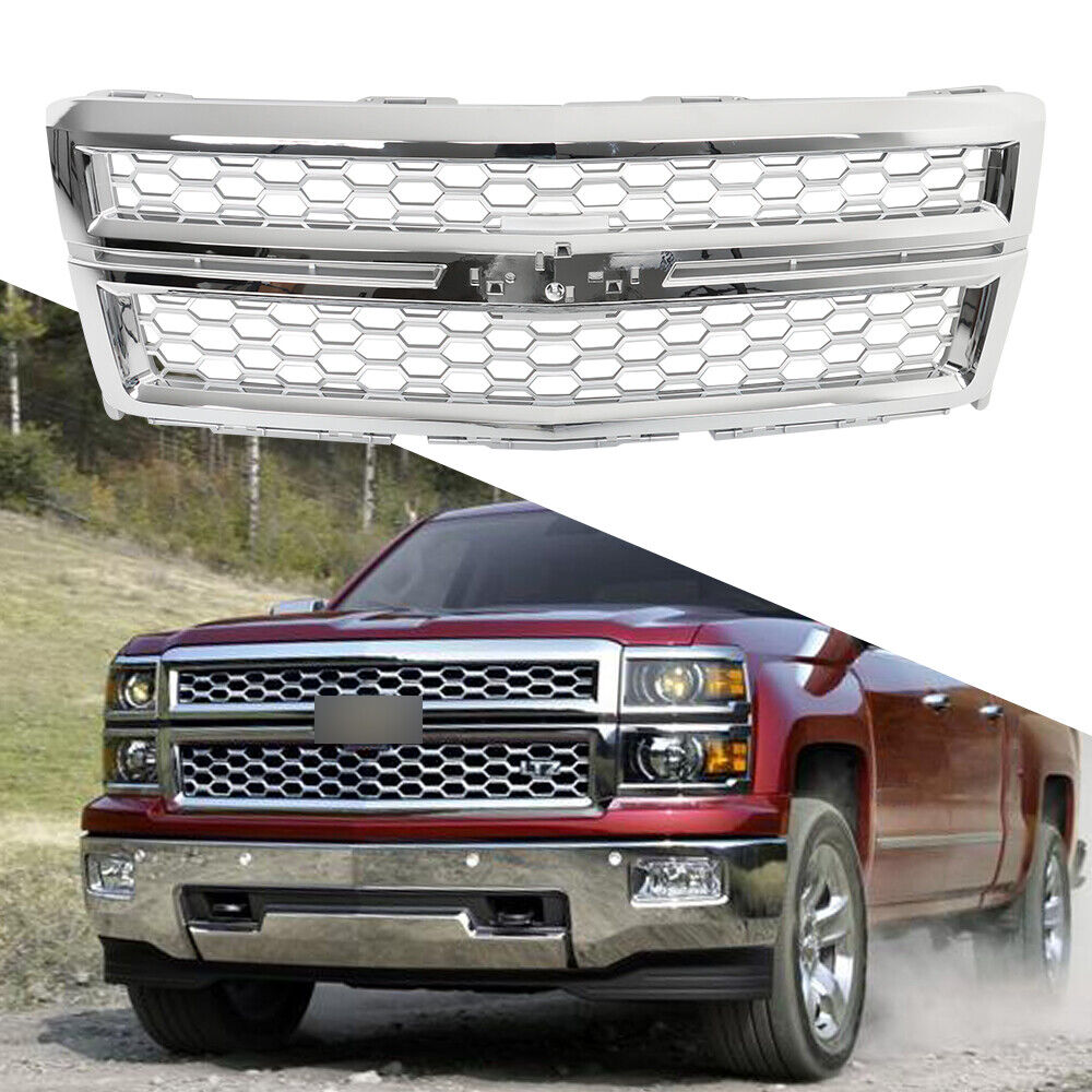 For 2014-2015 Chevrolet Silverado 1500 Front Grille Honeycomb Chrome + Silver