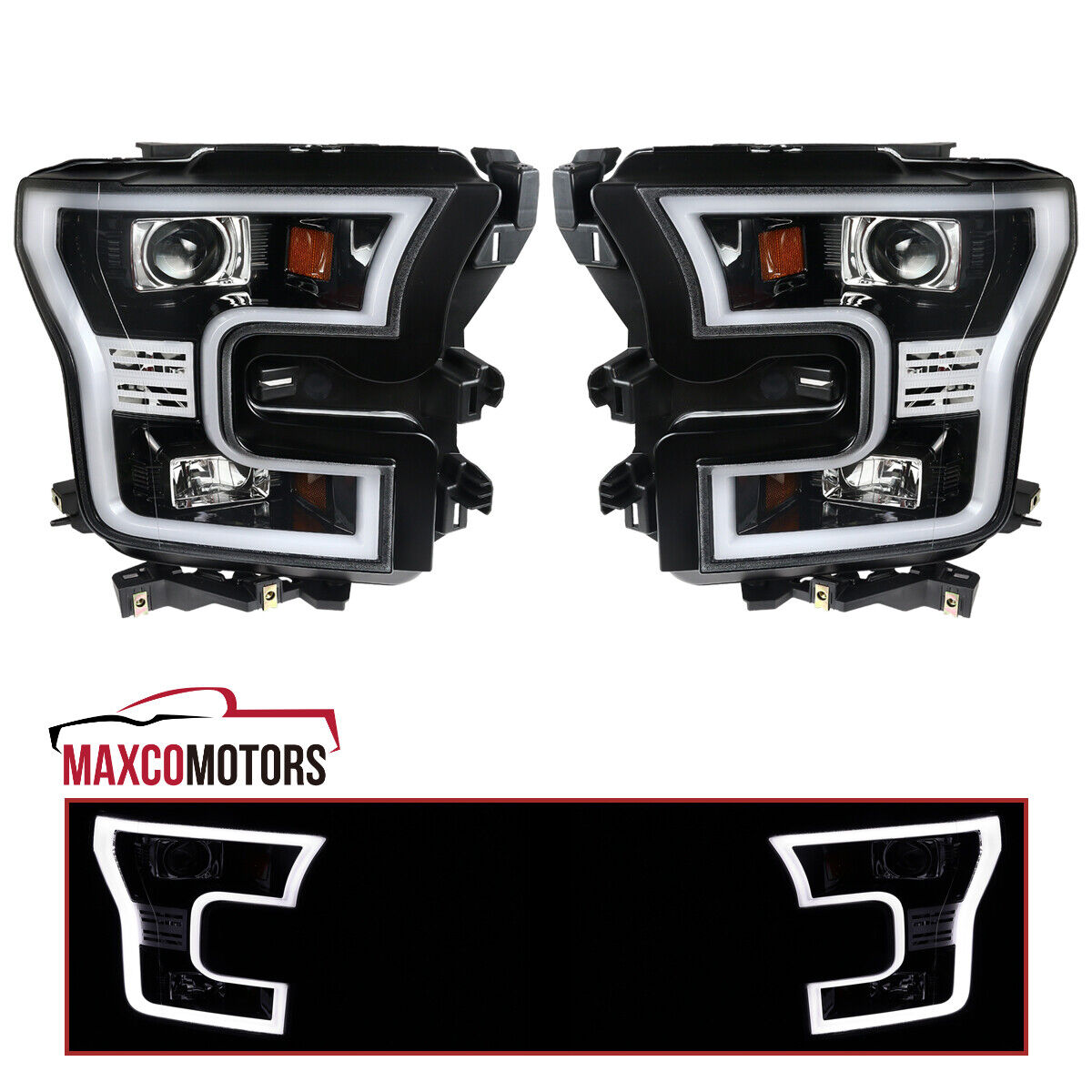 Jet Black Projector Headlights Fits 2015-2017 Ford F150 Lamps LED Tube Bar LH+RH