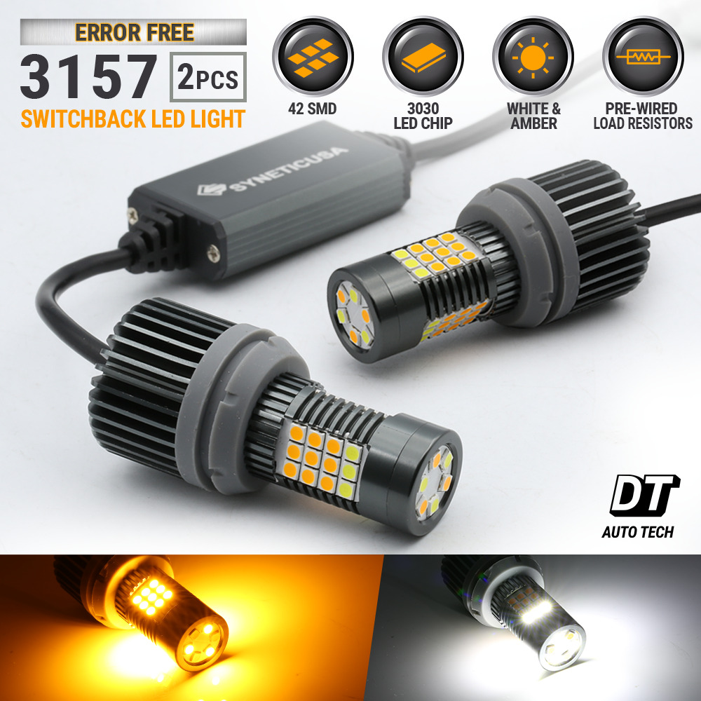 Syneticusa CANBus White/Amber 3157 LED DRL Switchback Turn Signal Light Bulbs