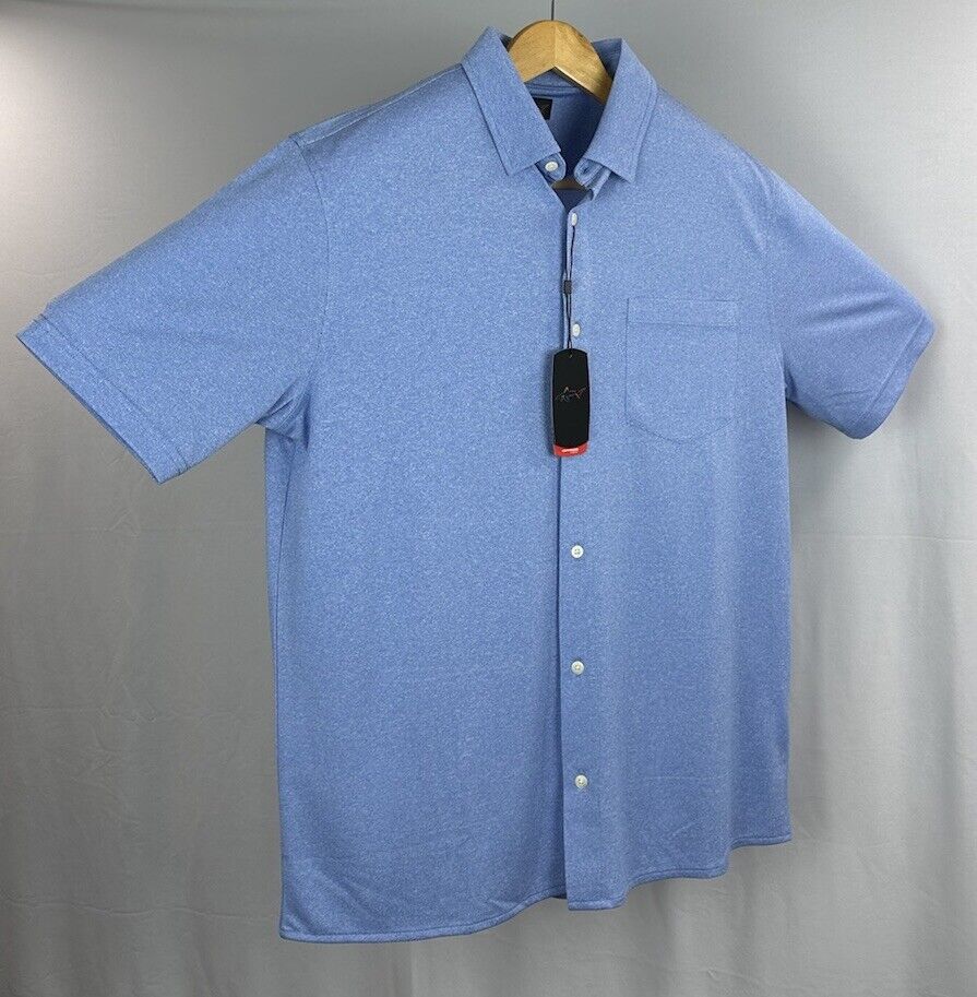 BEN SHERMAN Shirt Men\'s Large Blue Short Sleeve Button-Up Polyester Soft Stretch
