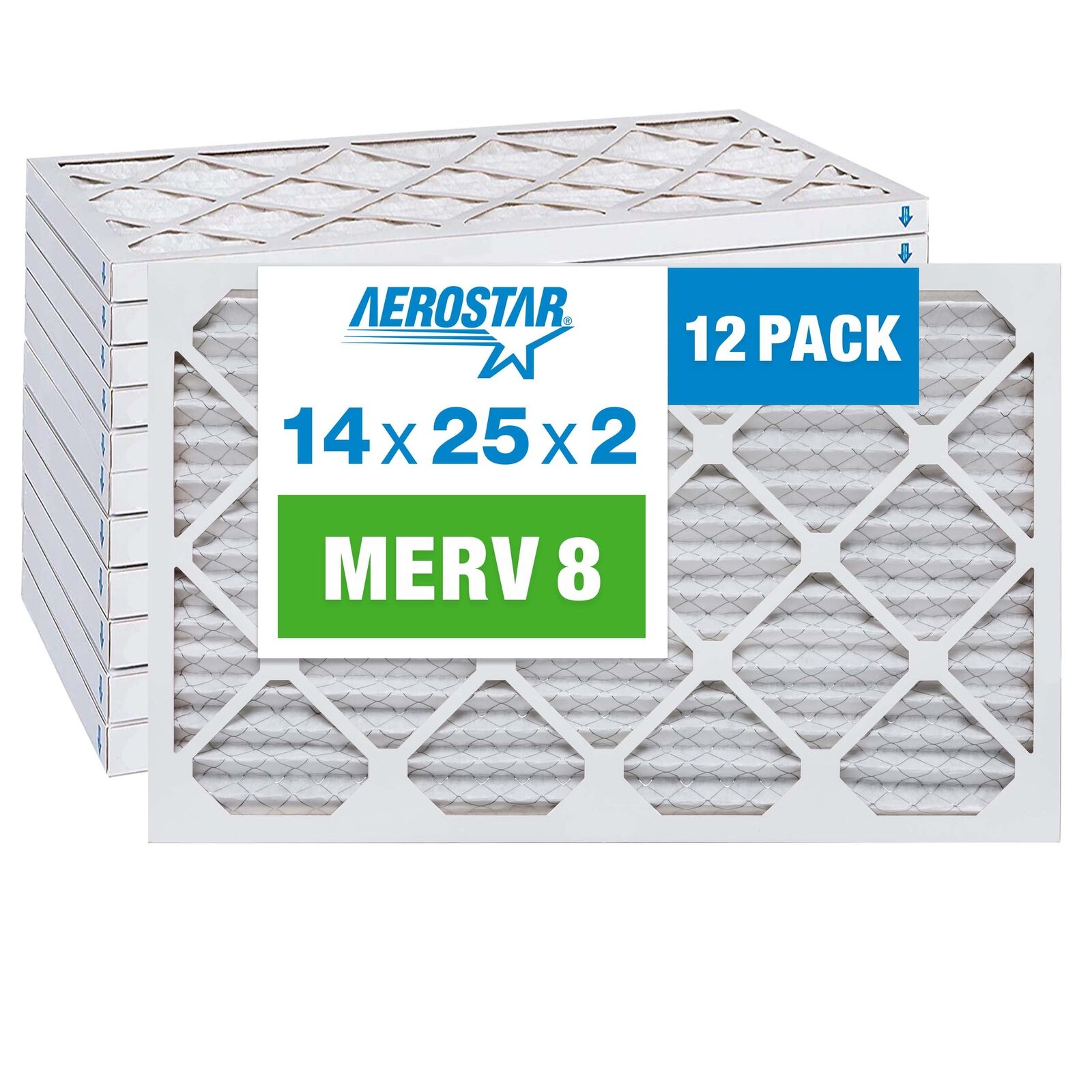 Aerostar 14x25x2 MERV 8 Air Filter, 12 Pack (13 1/2\