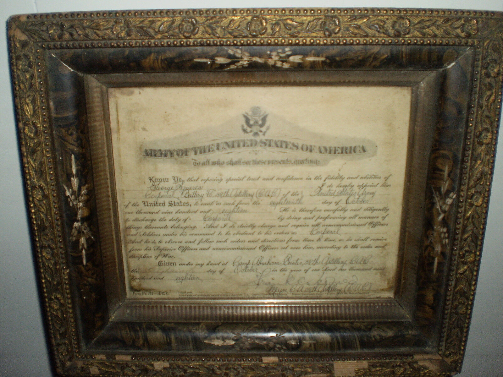World War I Promotion Certificate in Vintage Frame –Camp Eustis, Va. (Oct. 1918)