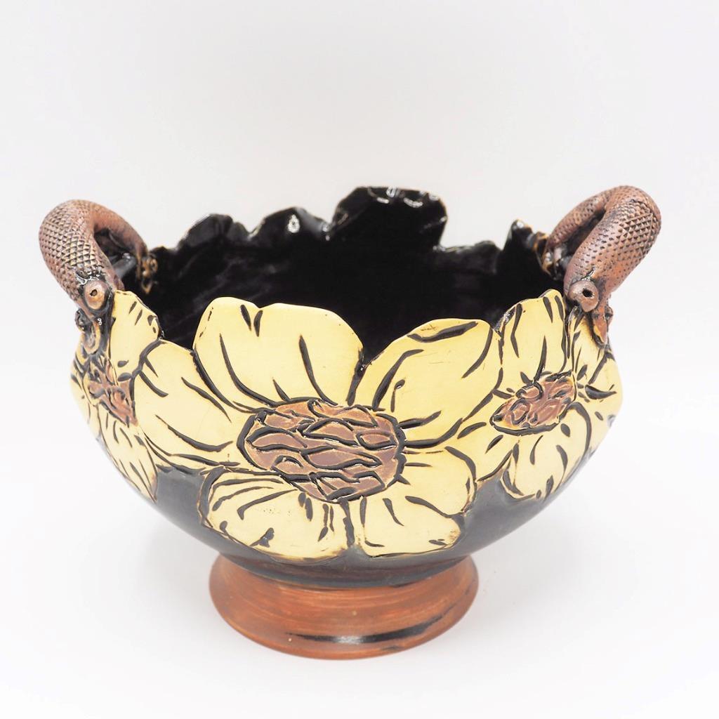 Honey Hill Pottery Bowl Art Sculpture Flowers Signed Handles Ellany Gable