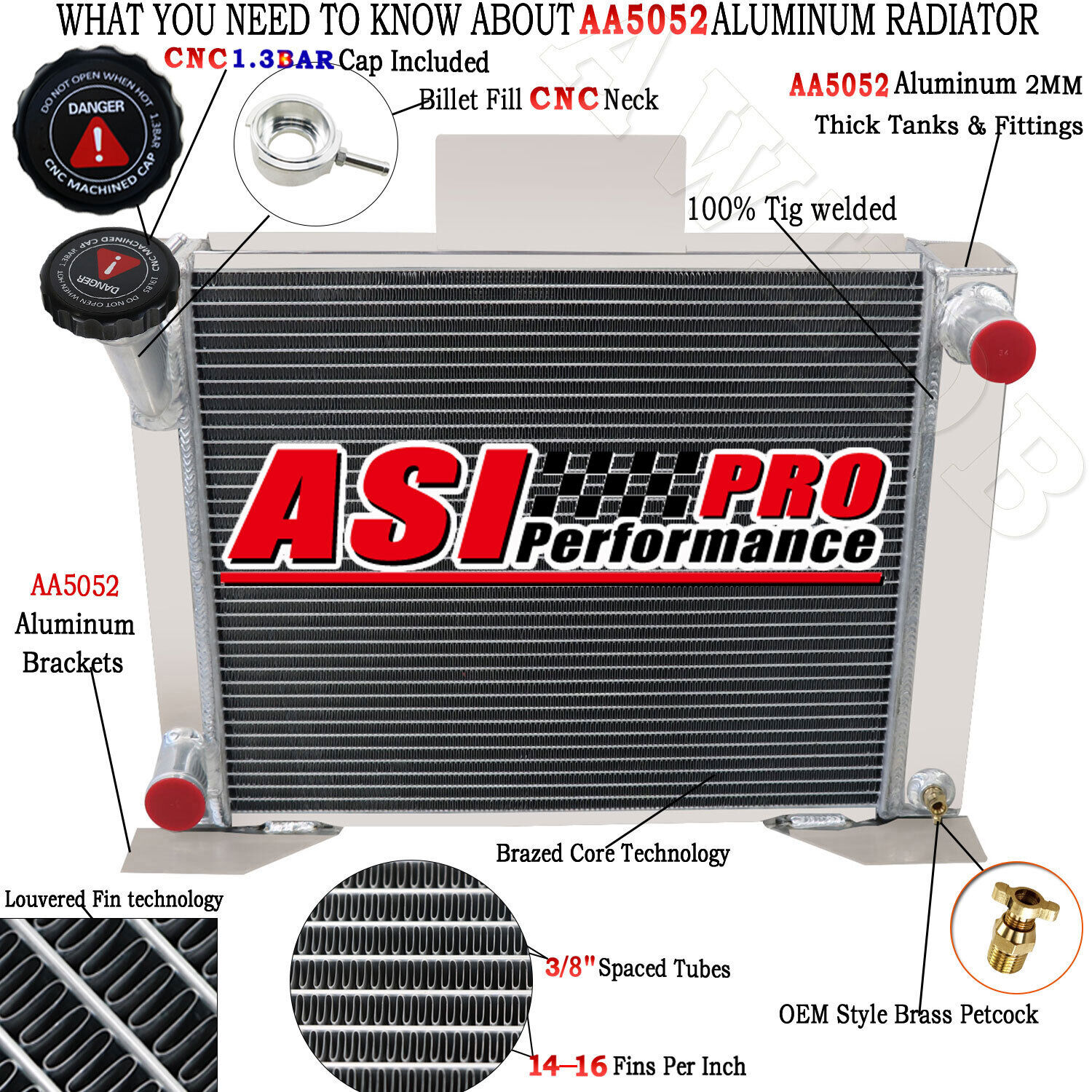 ASI Aluminum 4 Row Radiator For Ford Ranger Pickup GM Conversion V8 1982-1994