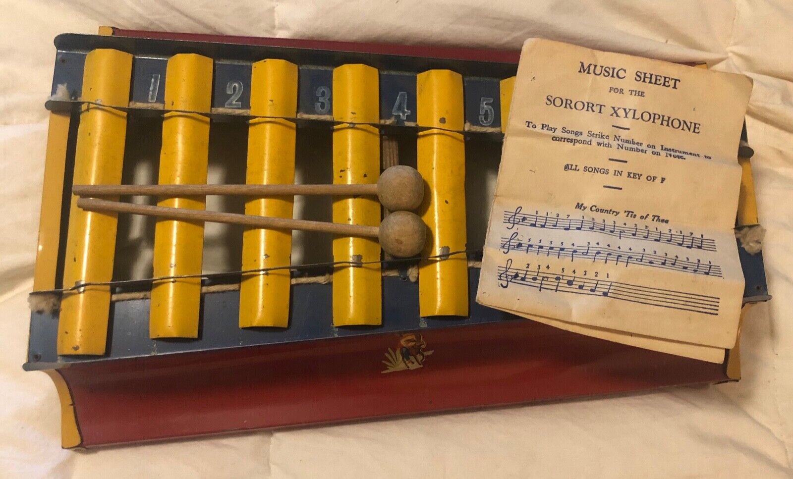 Vintage Metal Sorort Toy Xylophone with 2-Sticks & Music Sheet Numbered Bars