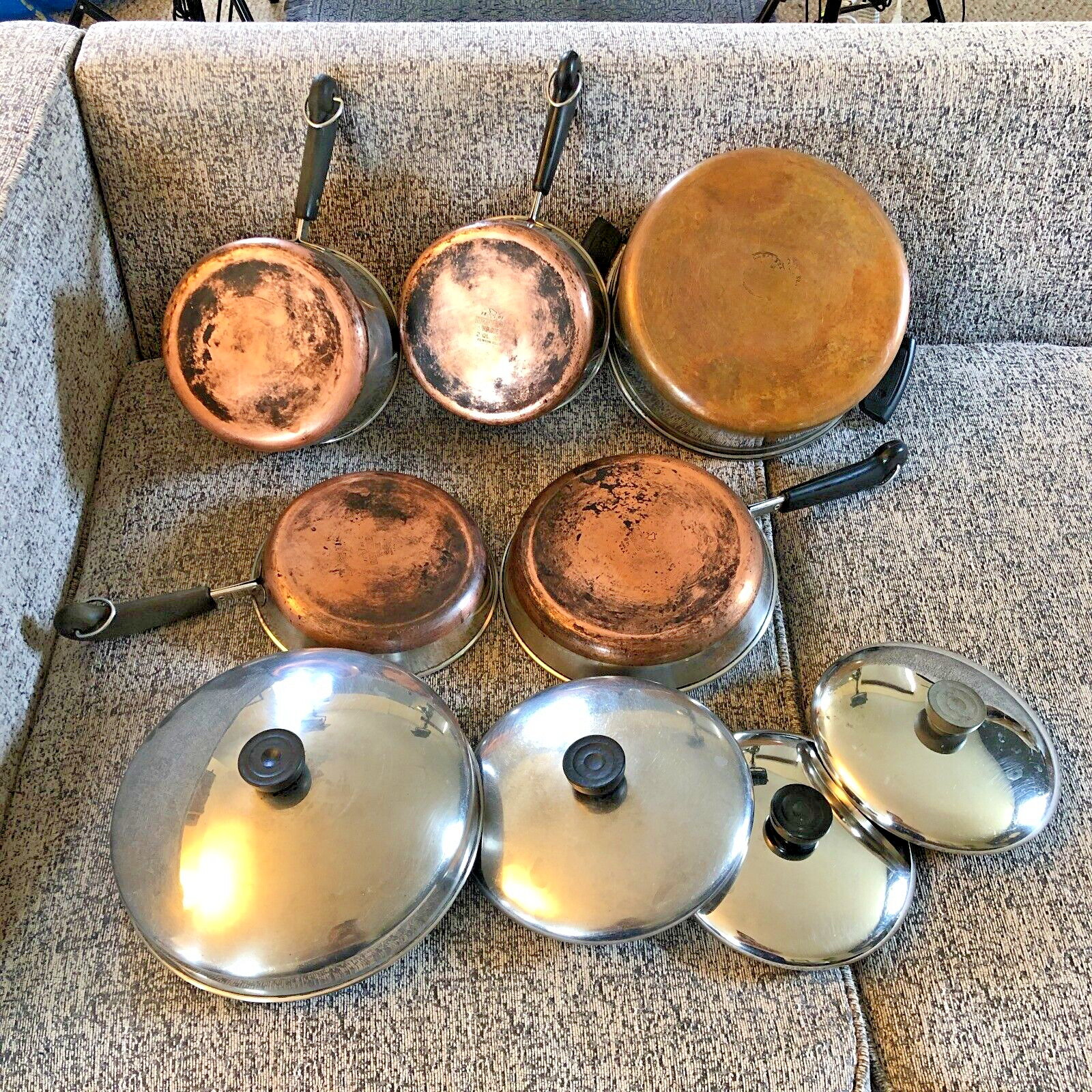Vintage Revere Ware Set 9 Piece Lot Copper Clad Cookware Pots Stock Sauce Lids