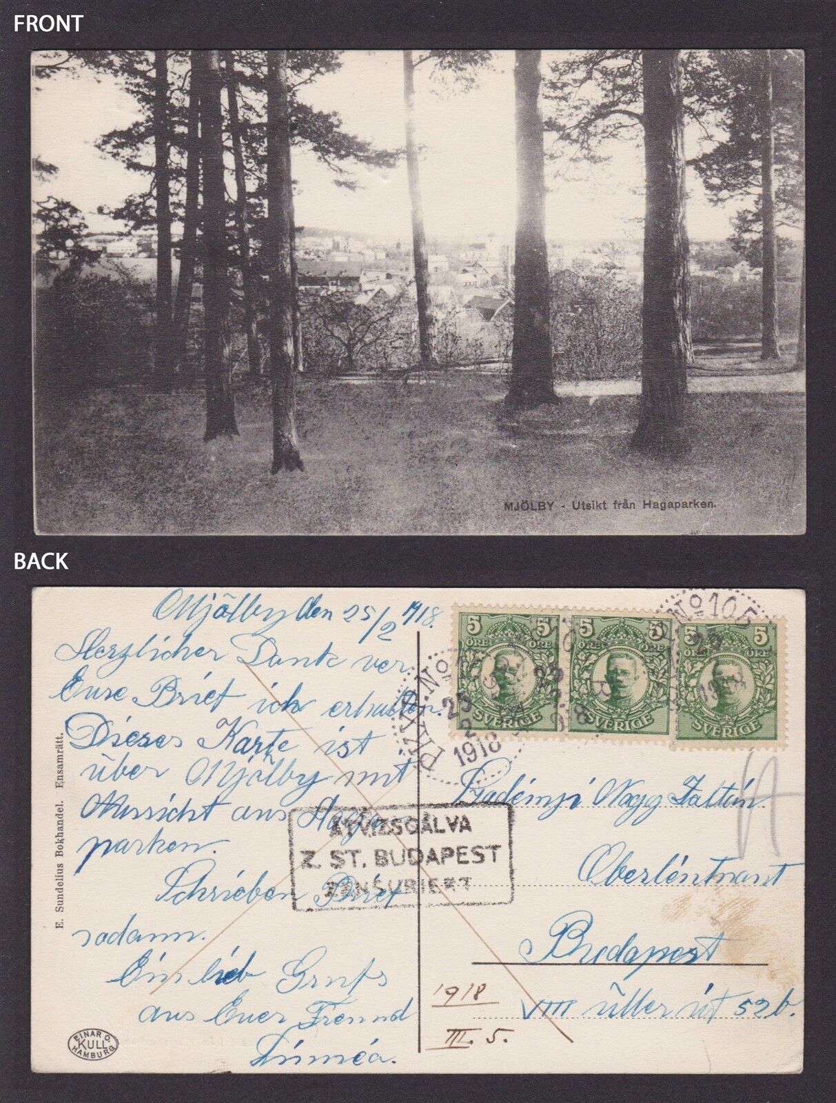 SWEDEN 1918, Postcard to Hungary, Censored in Budapest, WWI