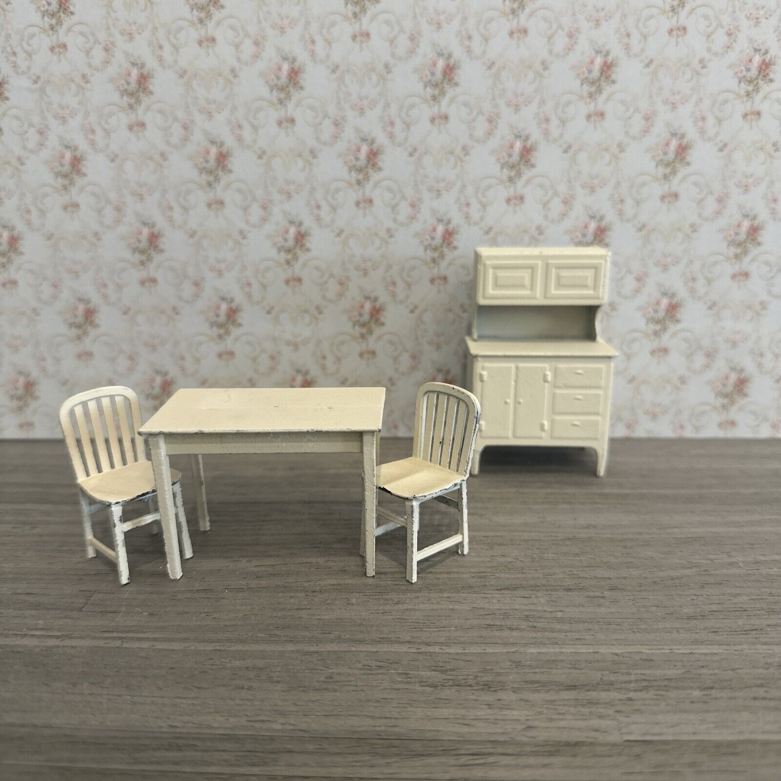 Antique 1930s Tootsie Toy Dollhouse Miniature Kitchen Table, Two Chairs & Hutch