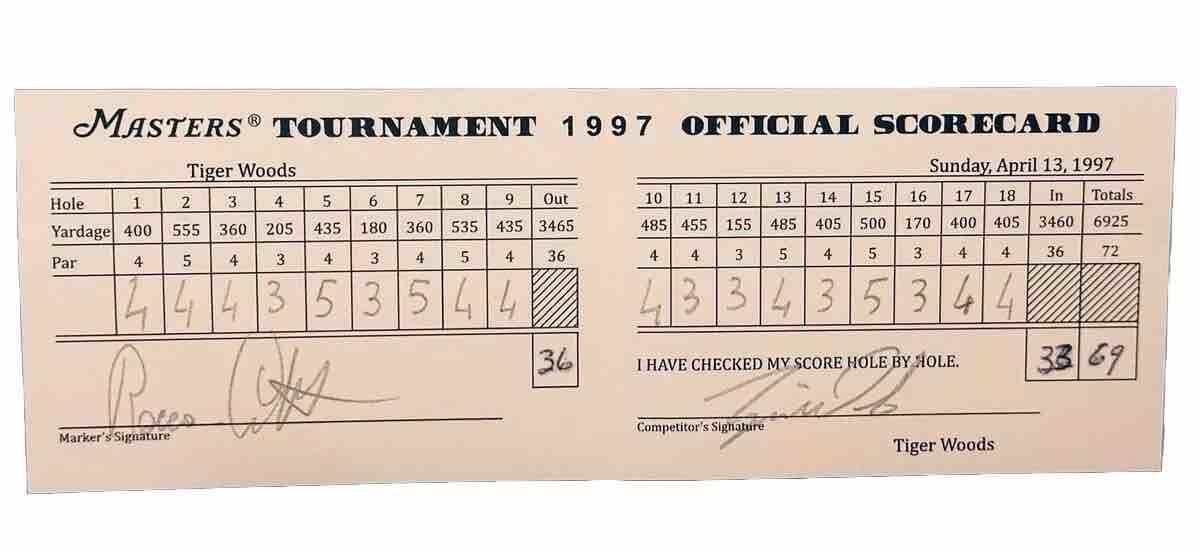 1997 Masters Final Round Scorecard Tiger Woods