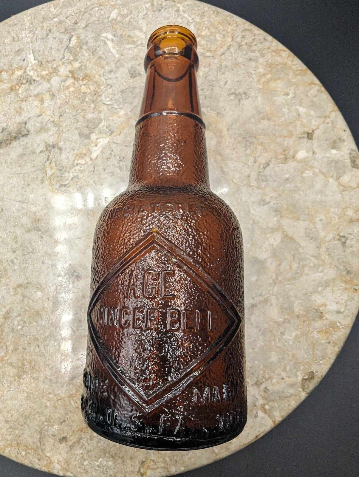 Antique, 7 3/8\'\' Amber, ACE, Ginger Beer Bottle