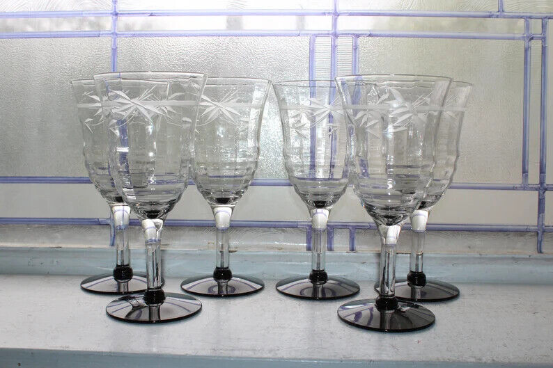 6 Art Deco Weston Optic Wine Glasses Etched with Black Bases