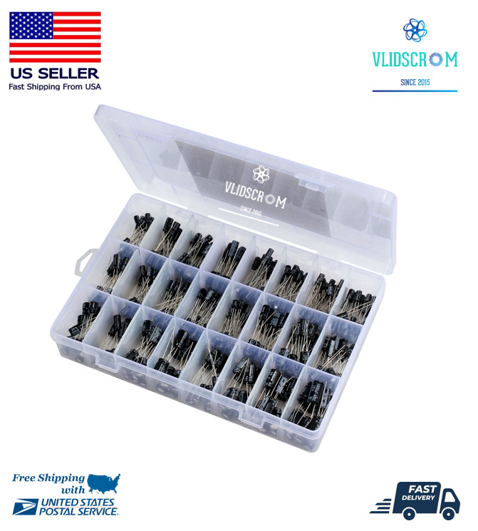 500PCS Electrolytic Capacitor Assortment Kit Set Box 0.1UF-1000UF 24 Values