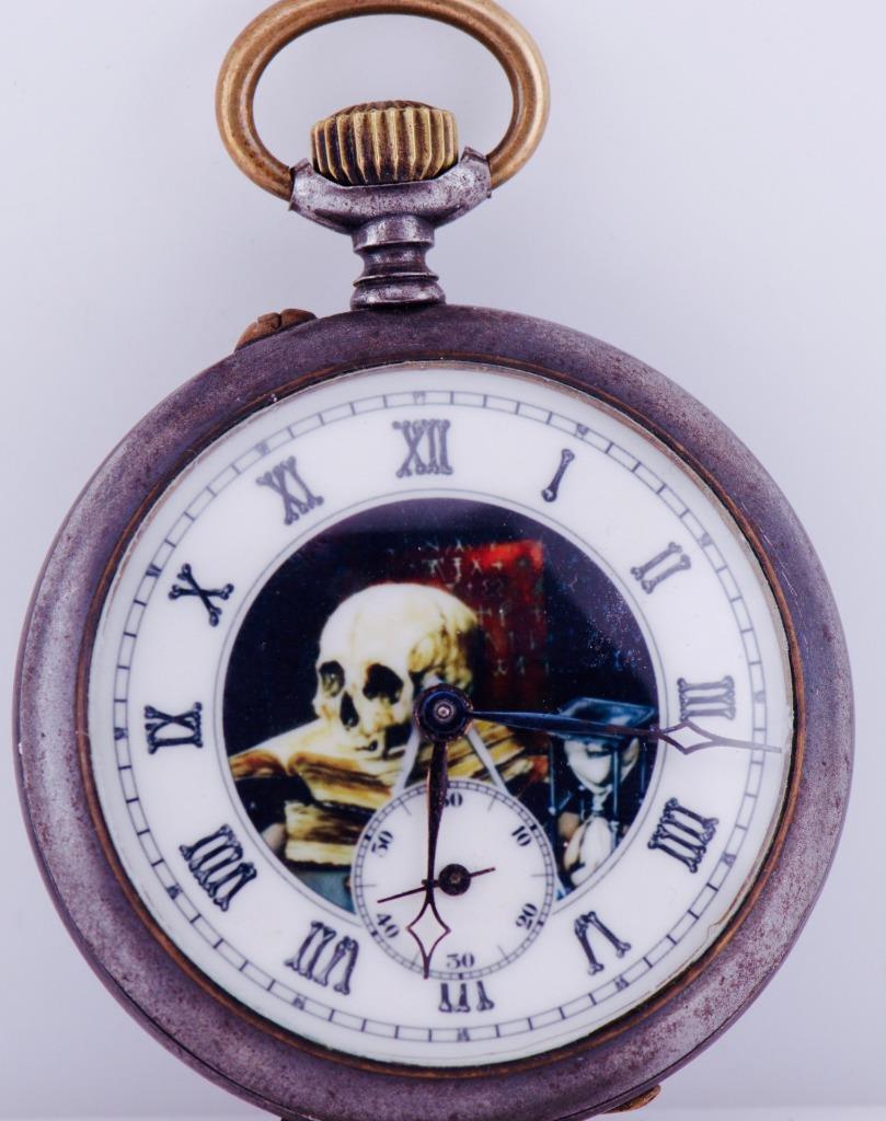 Antique Victorian Era Moeris Pocket Watch Memento Mori Enamel Skull Dial c1900\'s