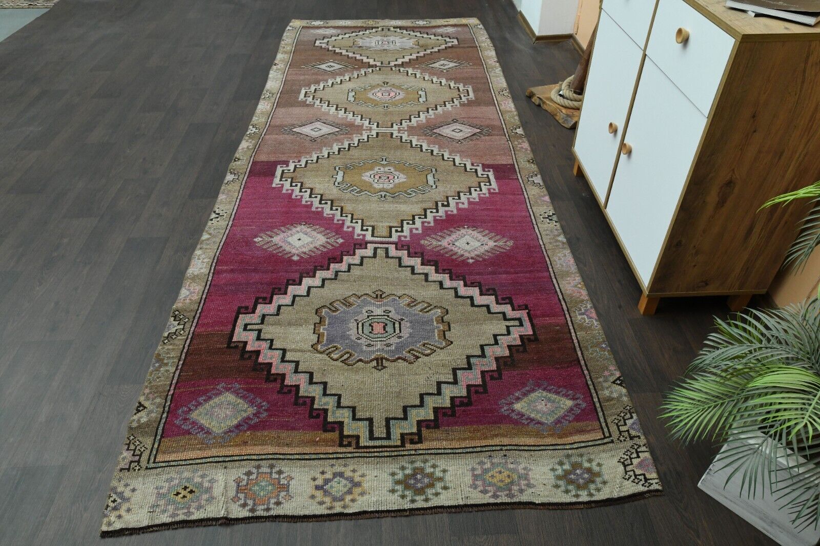4.7x12.5 Ft, Brown purple Turkish rug, Handmade vintage rug, Hallway Kitchen Rug