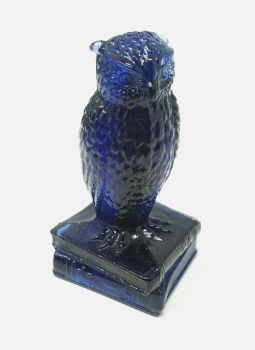 Vintage Degenhart Glass Cobalt Clear Dark Blue Wise Ole Owl On Books Figurine