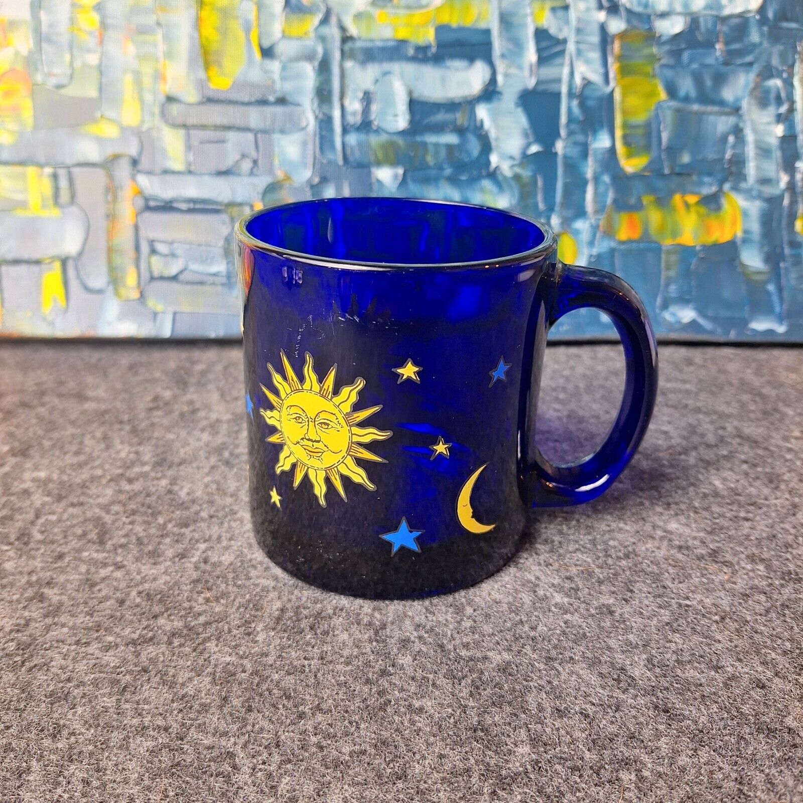 Vintage Libbey Cobalt Blue Celestial Sun Glass Coffee Tea Mug Moon Stars USA