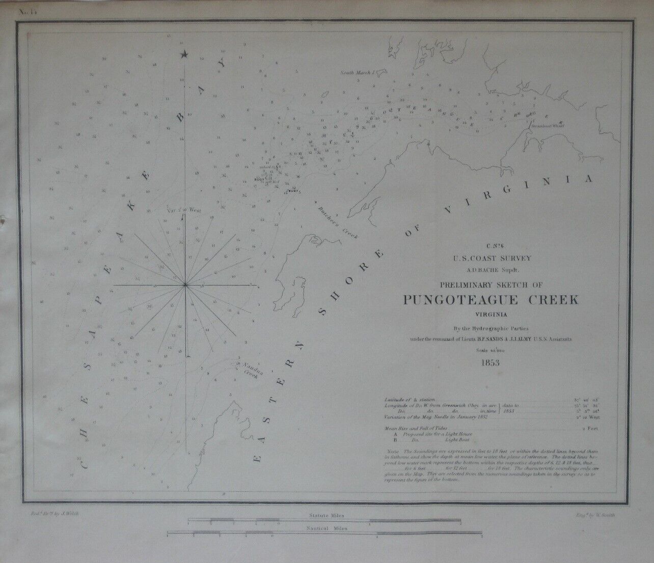 Original 1853 Coast Survey Map PUNGOTEAGUE CREEK Chesapeake Bay Virginia Wharf