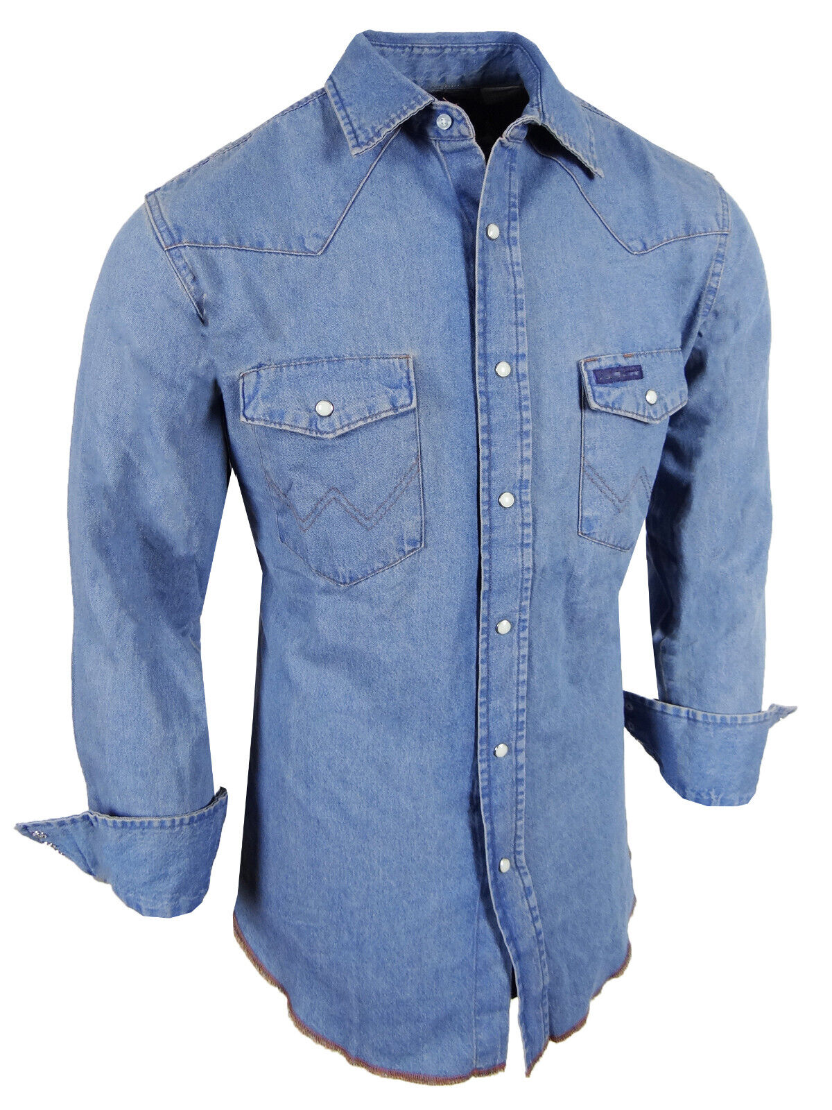 Denim Western Shirt Mens Blue Wash Cotton Snap Pocket Flaps Contrast Stitching