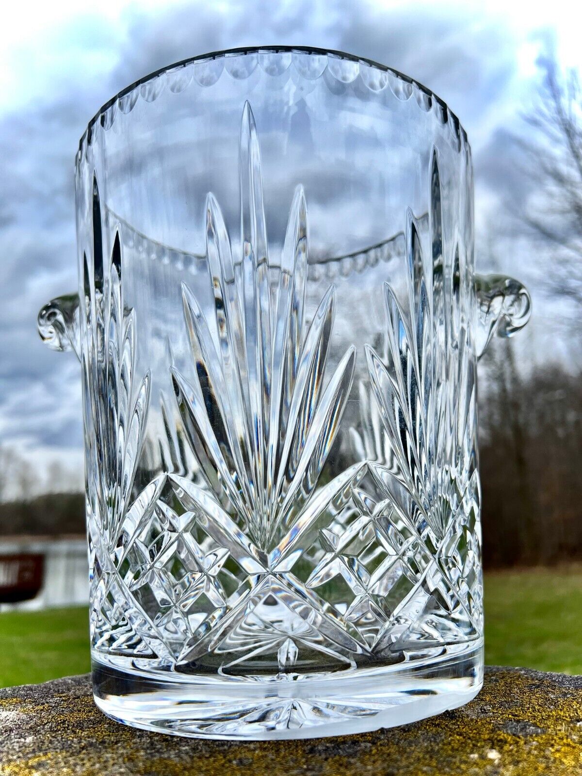 HUGE Vintage '70s Hand Blown Lead Crystal Glass Palm Leaves 10 Pound Ice Bucket