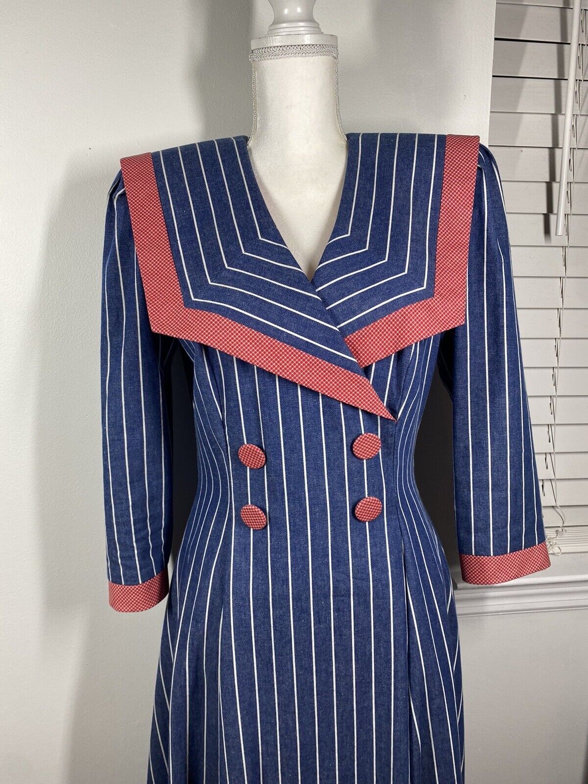Vintage 1980s LESLIE LUCKS Red Blue White Nautical Sailor Collar Dress,sz 6